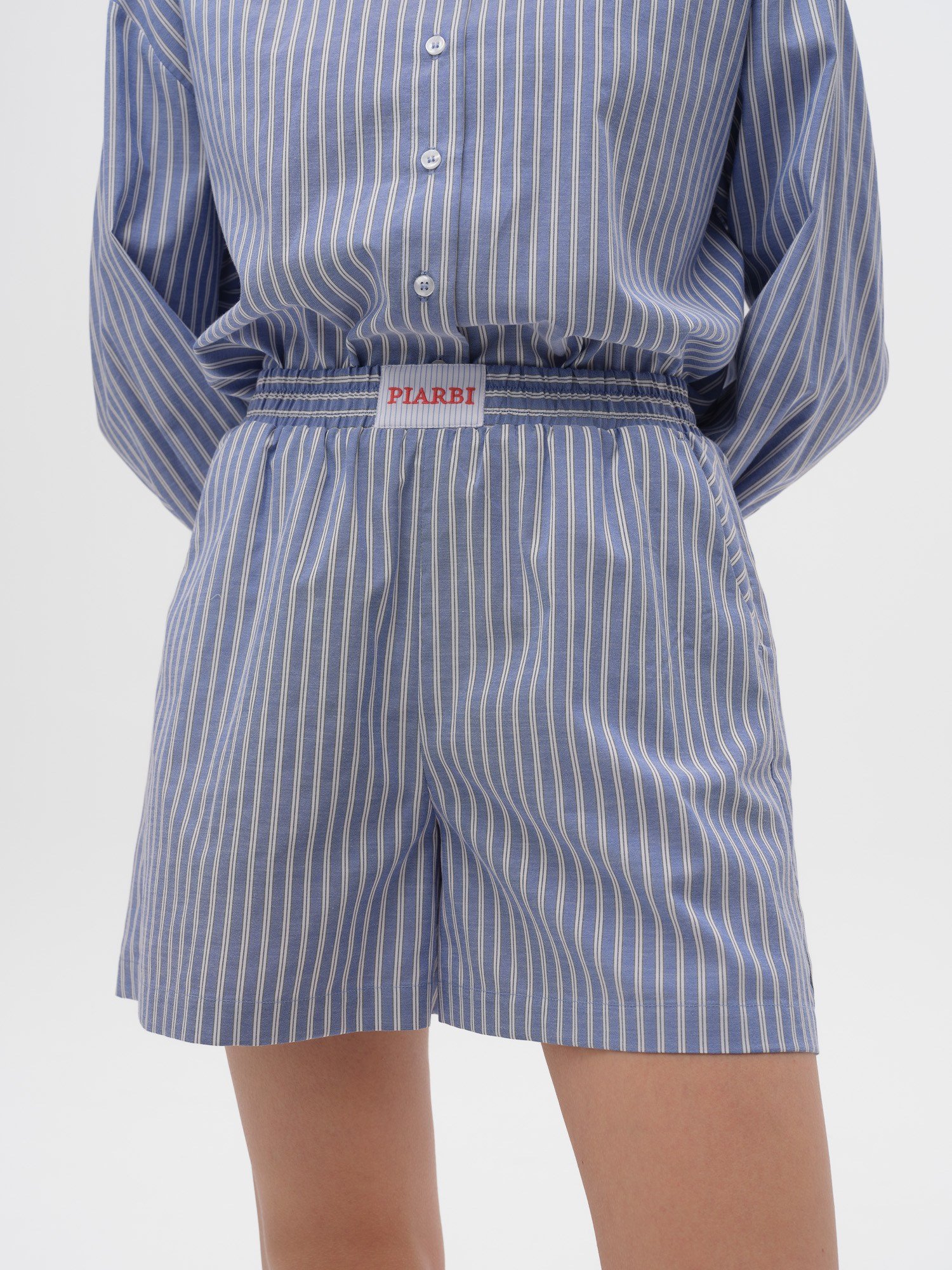 Piarbi Nakış Detaylı Çizgili Bol Kesim Şort - Mavi Beyaz Premium Cotton Blend Loose Striped Shorts