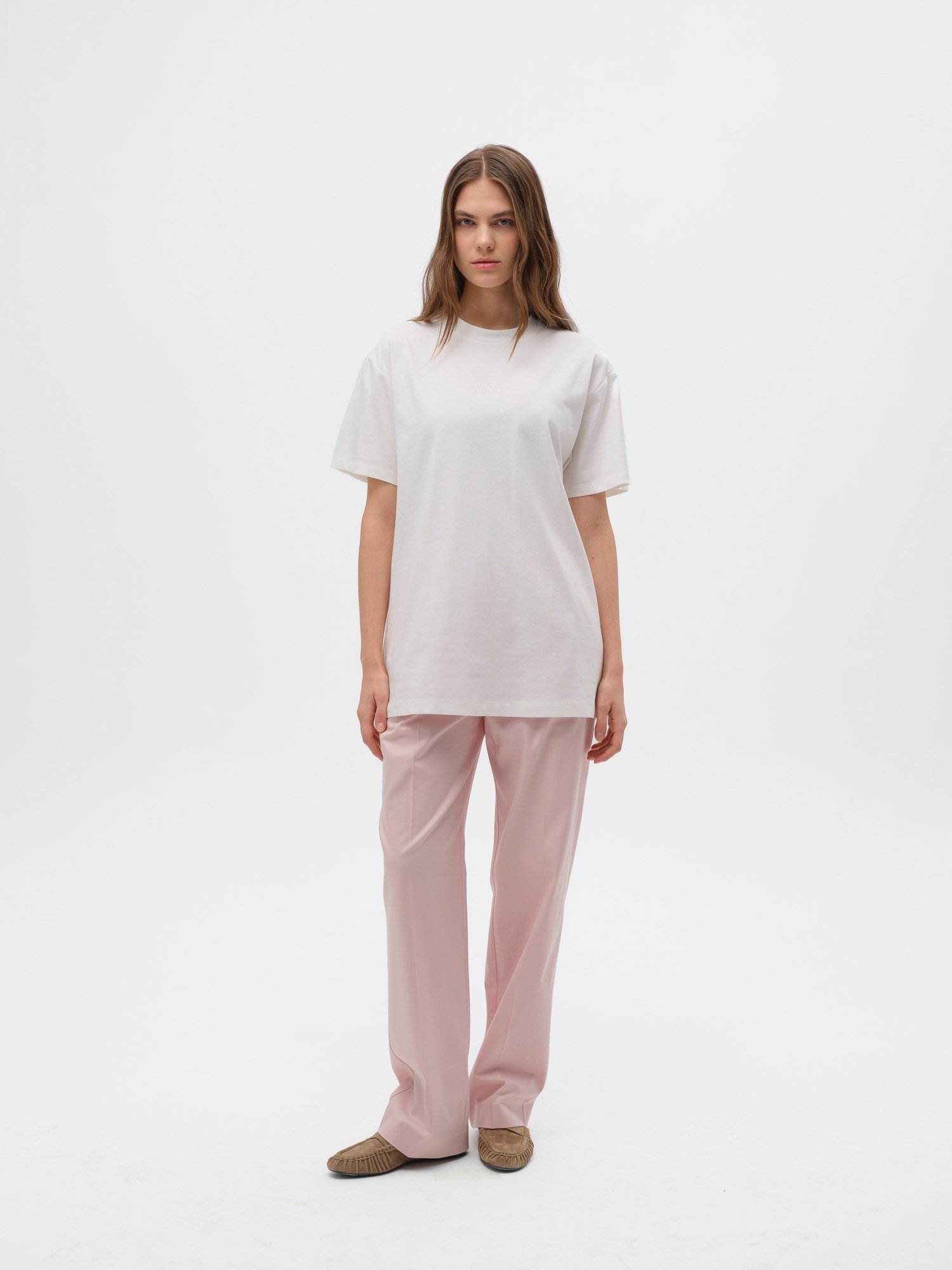 Piarbi Nakış Detaylı Loose Fit Tişört - Off White %100 Pamuklu Embroidered Detail Premium T-shirt