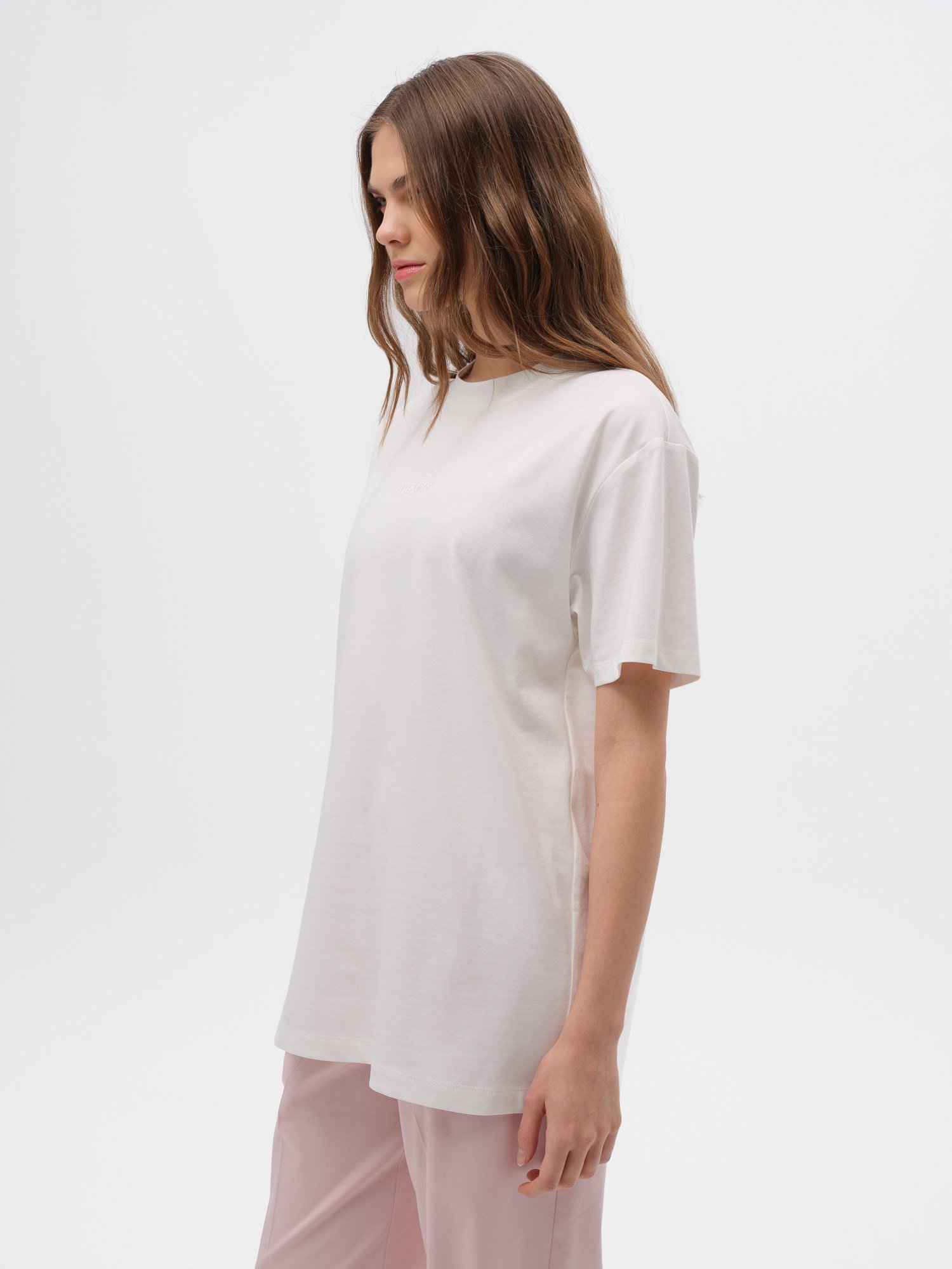 Piarbi Nakış Detaylı Loose Fit Tişört - Off White %100 Pamuklu Embroidered Detail Premium T-shirt