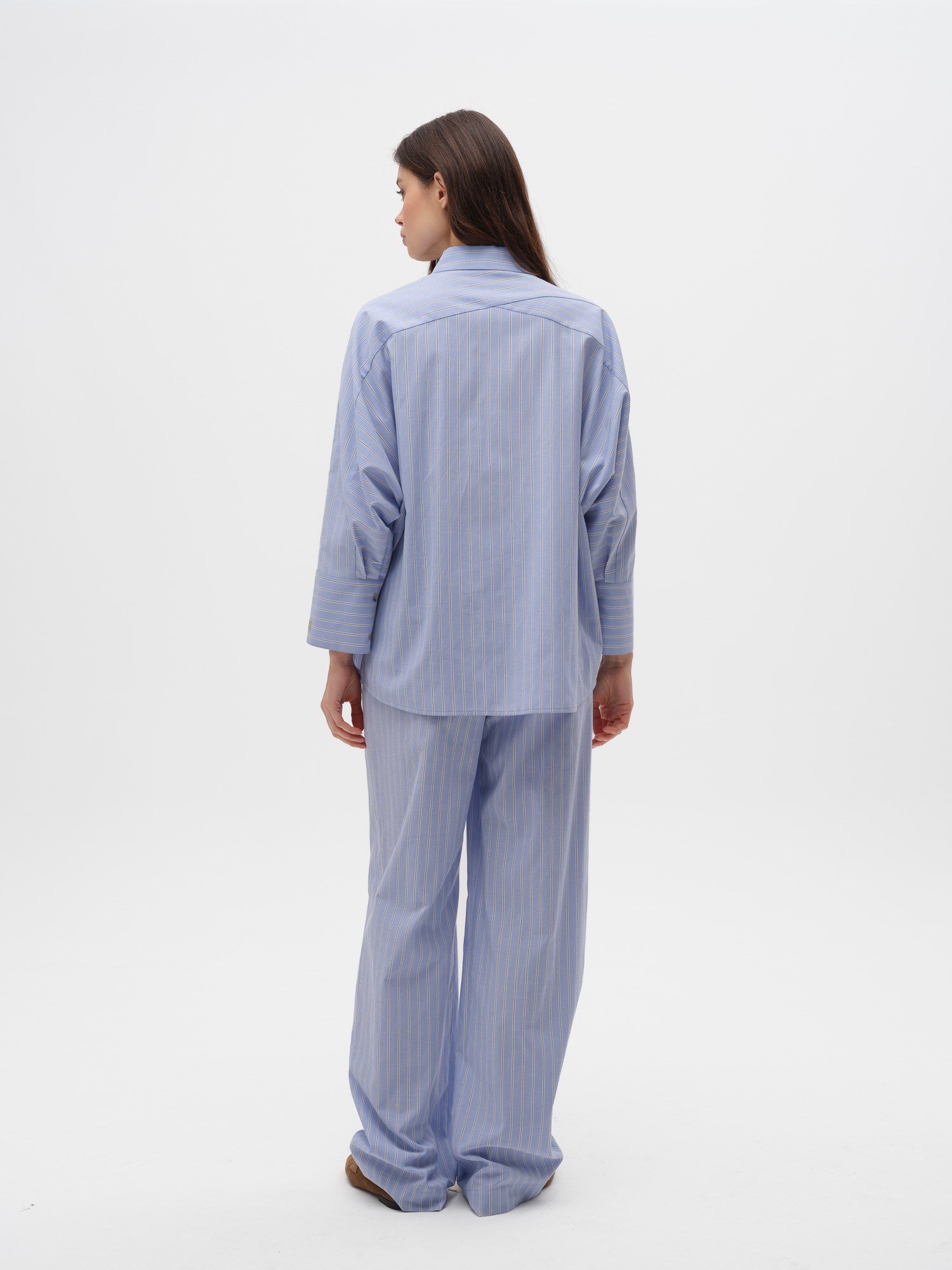 Piarbi Nakışlı Manşet Diyagonal Robalı Çizgili Gömlek - Mavi Beyaz Premium Wide Fit Shirt