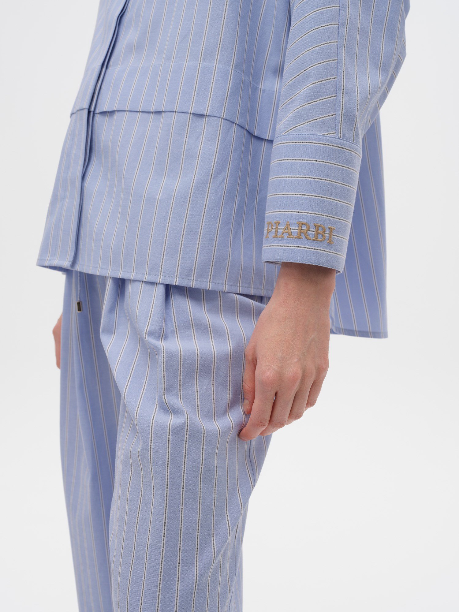 Piarbi Nakışlı Manşet Diyagonal Robalı Çizgili Gömlek - Mavi Beyaz Premium Wide Fit Shirt