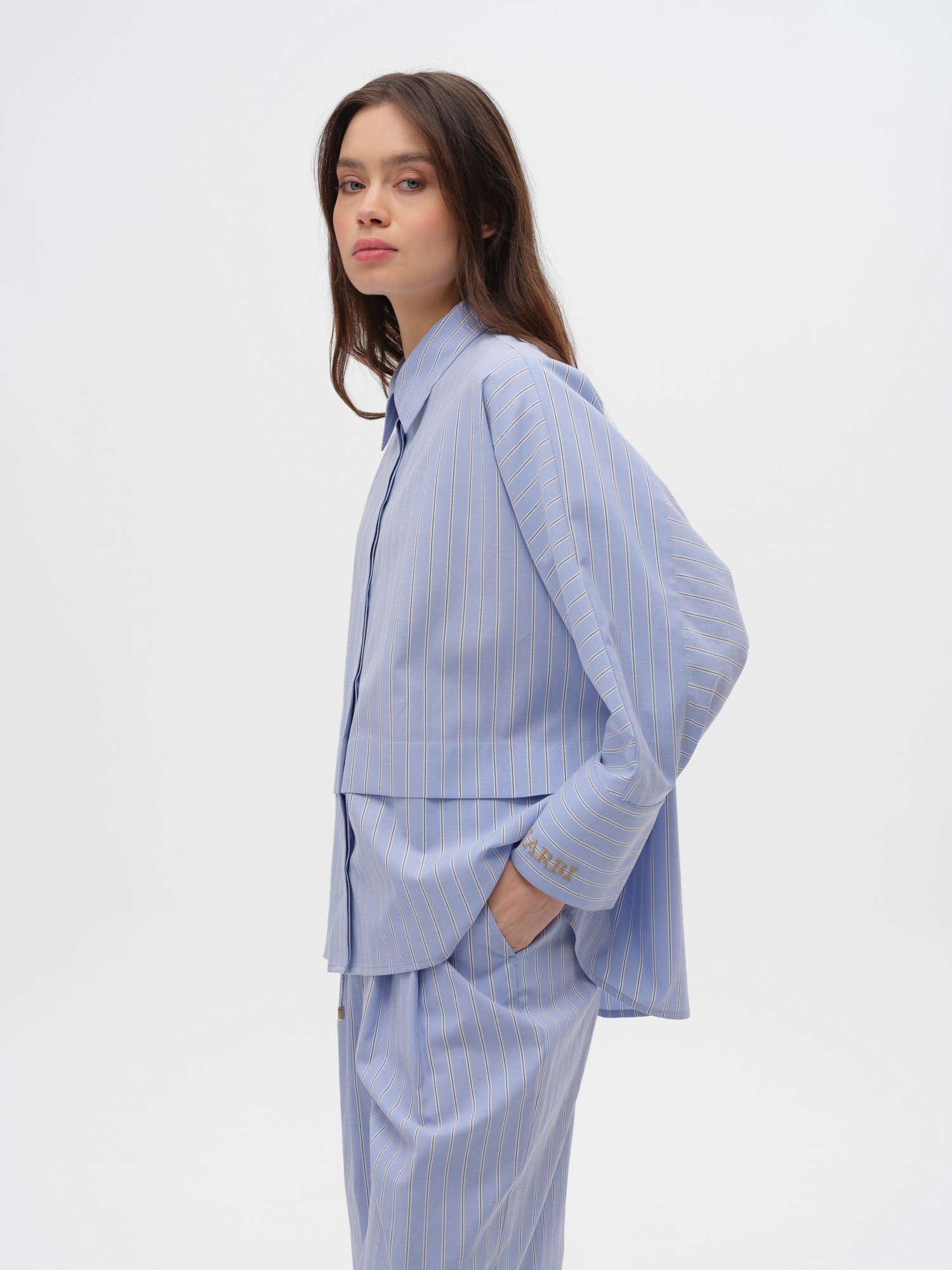 Piarbi Nakışlı Manşet Diyagonal Robalı Çizgili Gömlek - Mavi Beyaz Premium Wide Fit Shirt