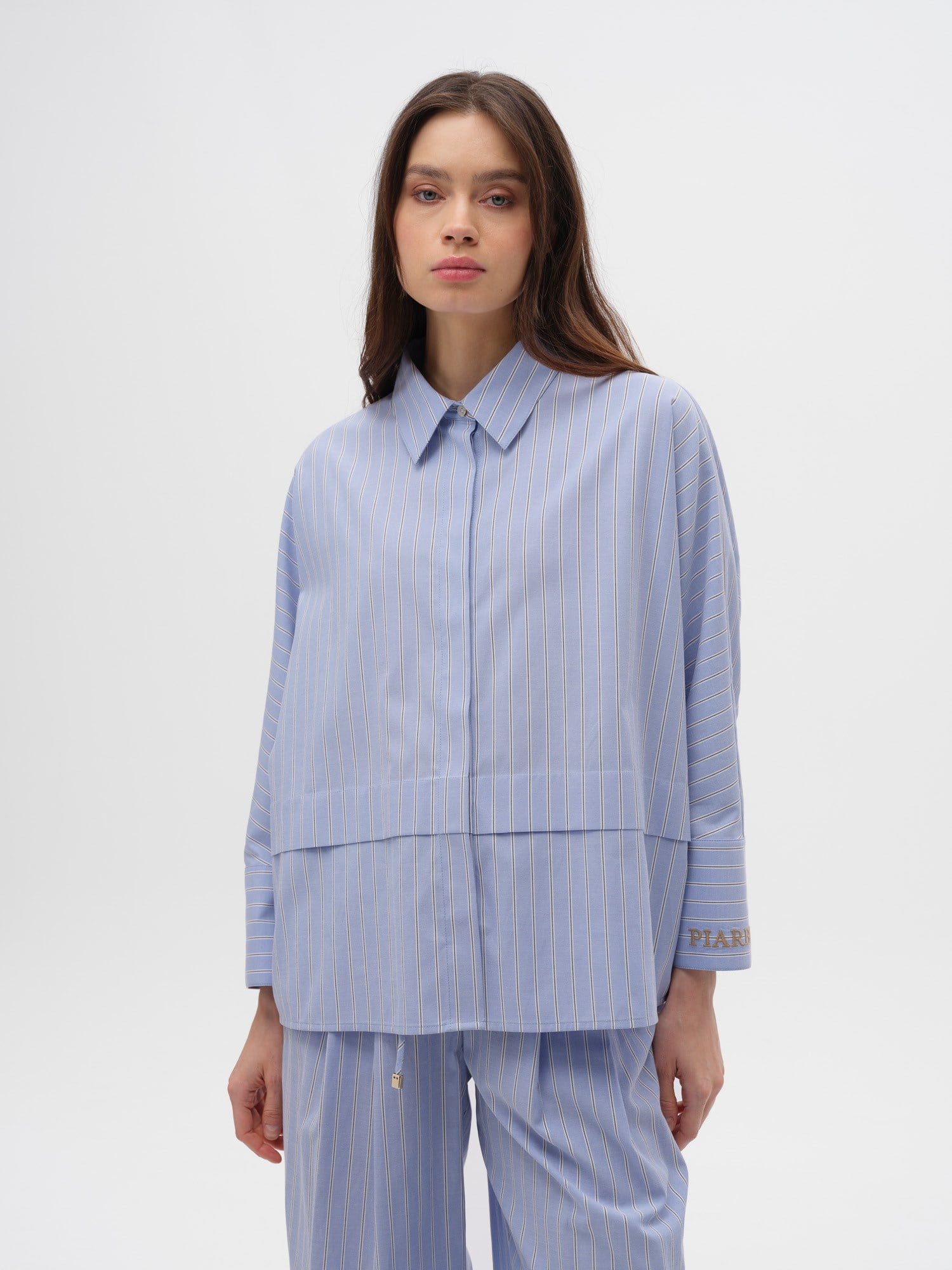 Piarbi Nakışlı Manşet Diyagonal Robalı Çizgili Gömlek - Mavi Beyaz Premium Wide Fit Shirt