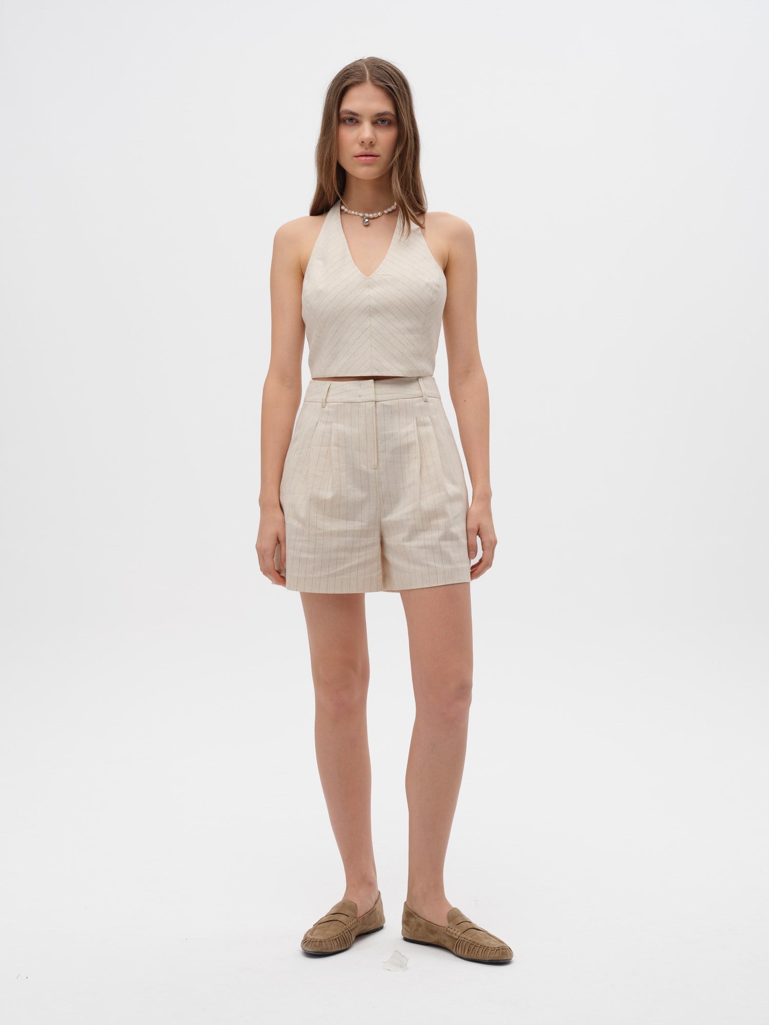Piarbi Pile Detaylı Çizgili Bol Kesim Şort - Krem Premium Keten ve Pamuk Karışımlı Pleat Loose Shorts