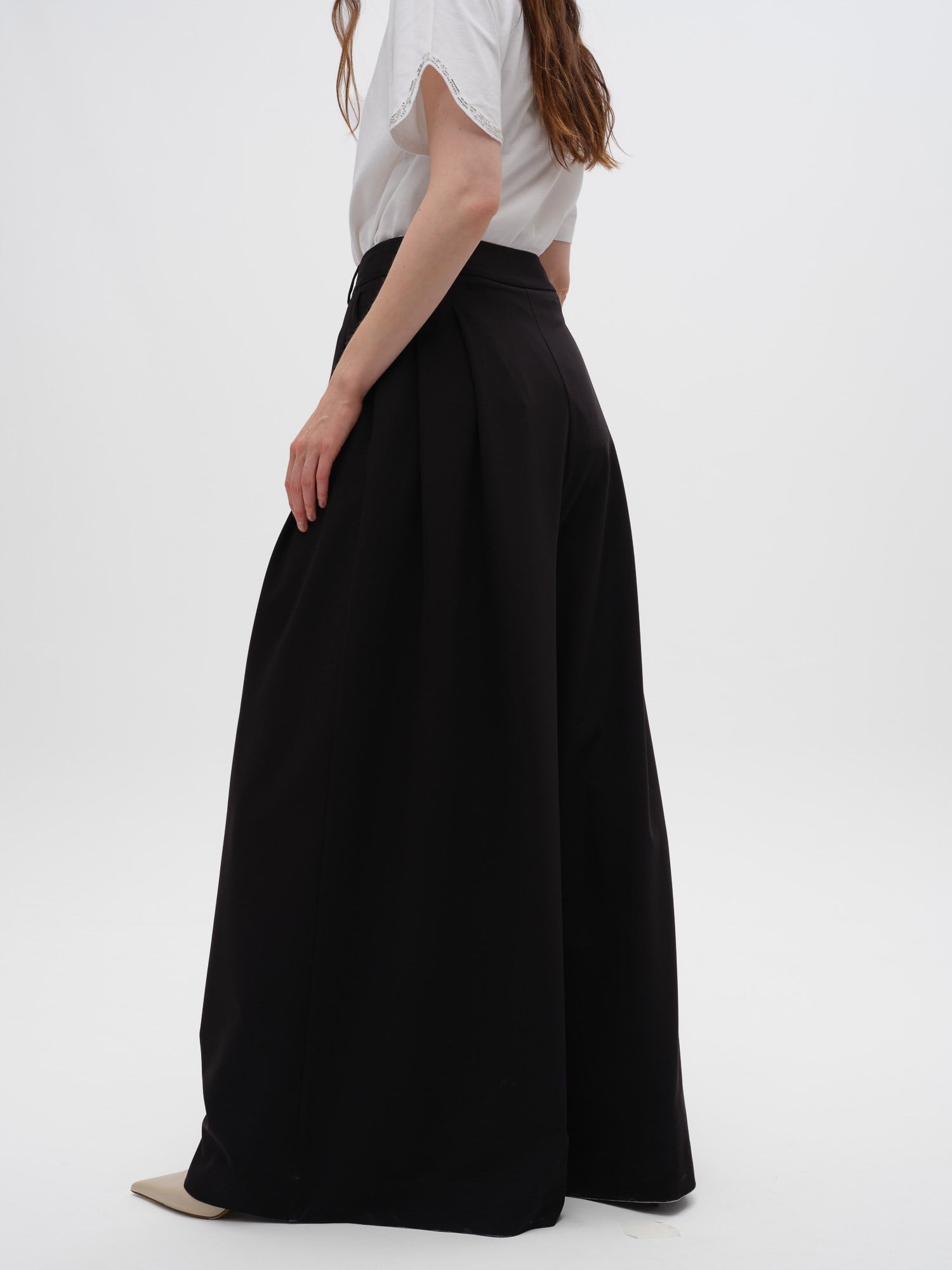 Piarbi Pile Detaylı Geniş Paça Pantolon - Siyah Viskon Karışımlı Premium Wide-Leg Tasarım