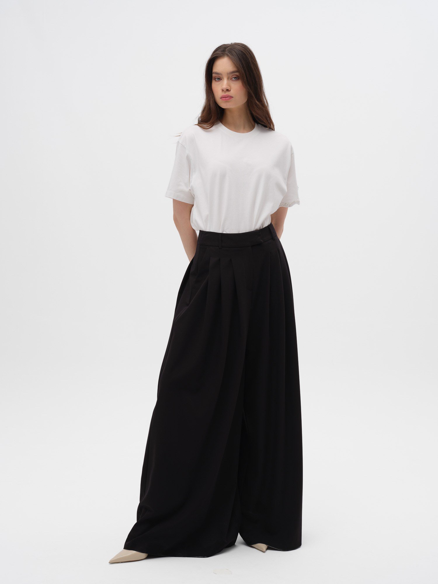 Piarbi Pile Detaylı Geniş Paça Pantolon - Siyah Viskon Karışımlı Premium Wide-Leg Tasarım
