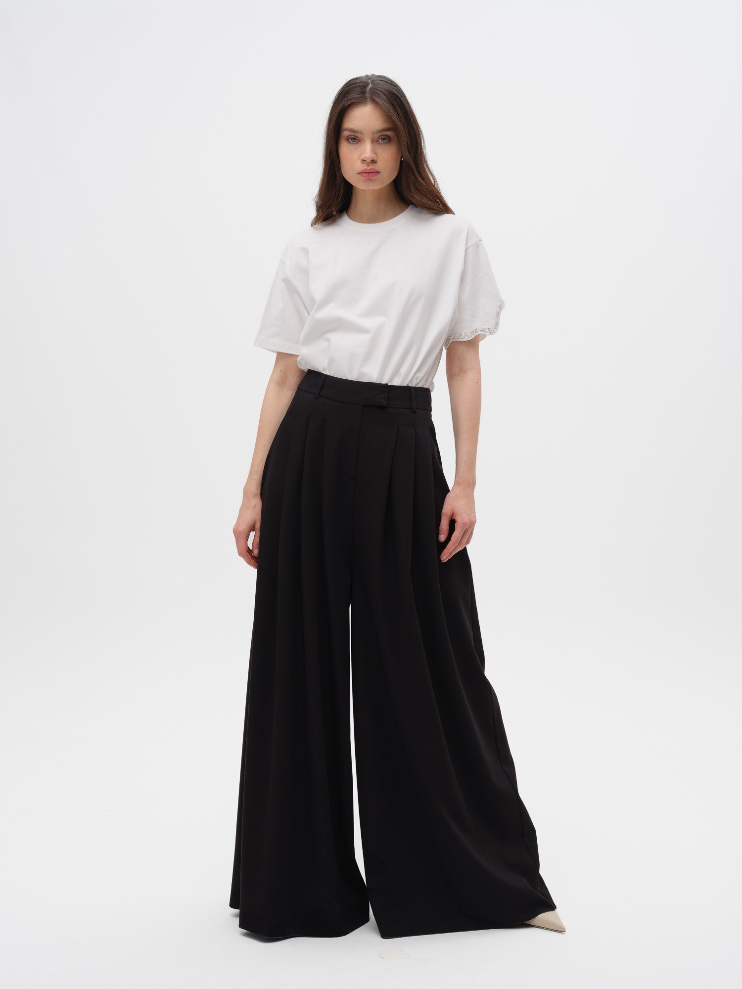 Piarbi Pile Detaylı Geniş Paça Pantolon - Siyah Viskon Karışımlı Premium Wide-Leg Tasarım