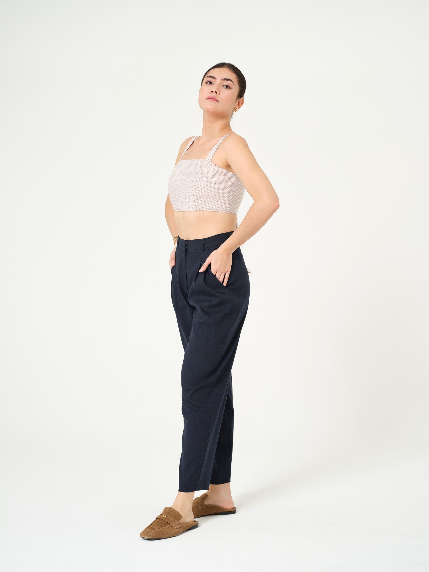 Piarbi Pileli Rahat Kesim Keten Pantolon - Lacivert Premium Linen Karışımlı Tasarım