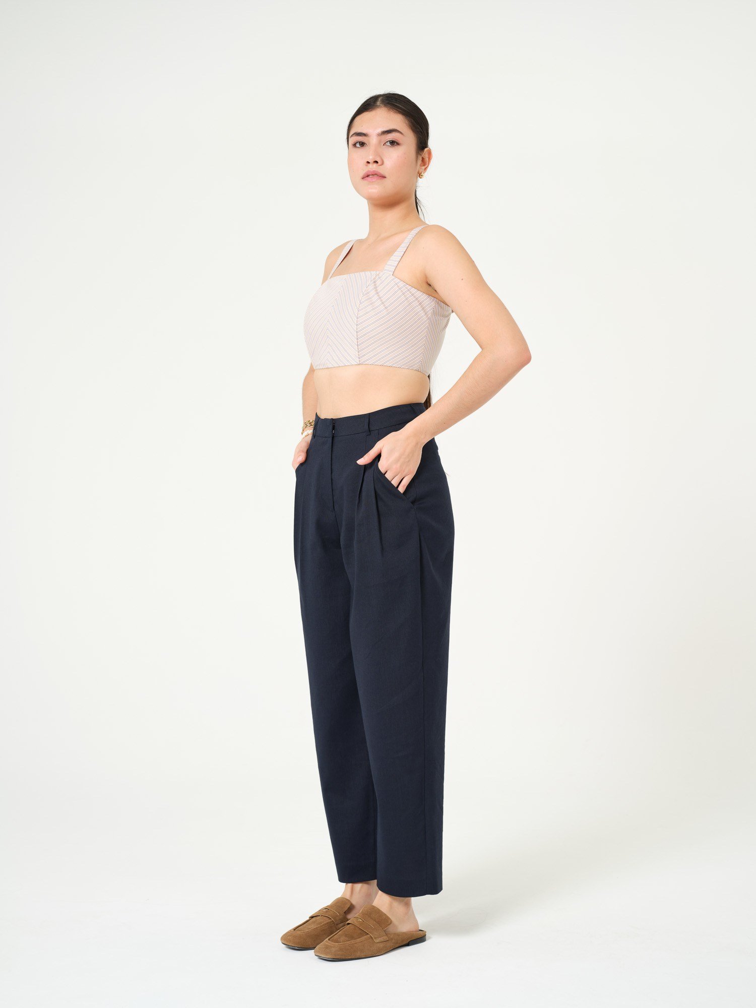 Piarbi Pileli Rahat Kesim Keten Pantolon - Lacivert Premium Linen Karışımlı Tasarım