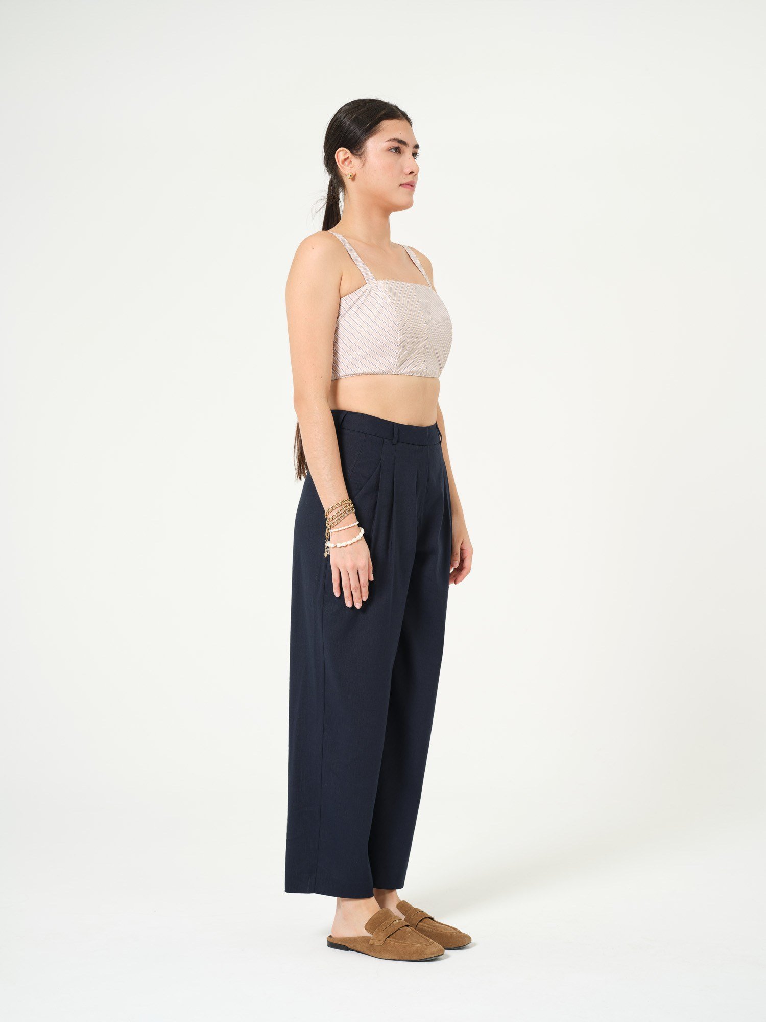 Piarbi Pileli Rahat Kesim Keten Pantolon - Lacivert Premium Linen Karışımlı Tasarım