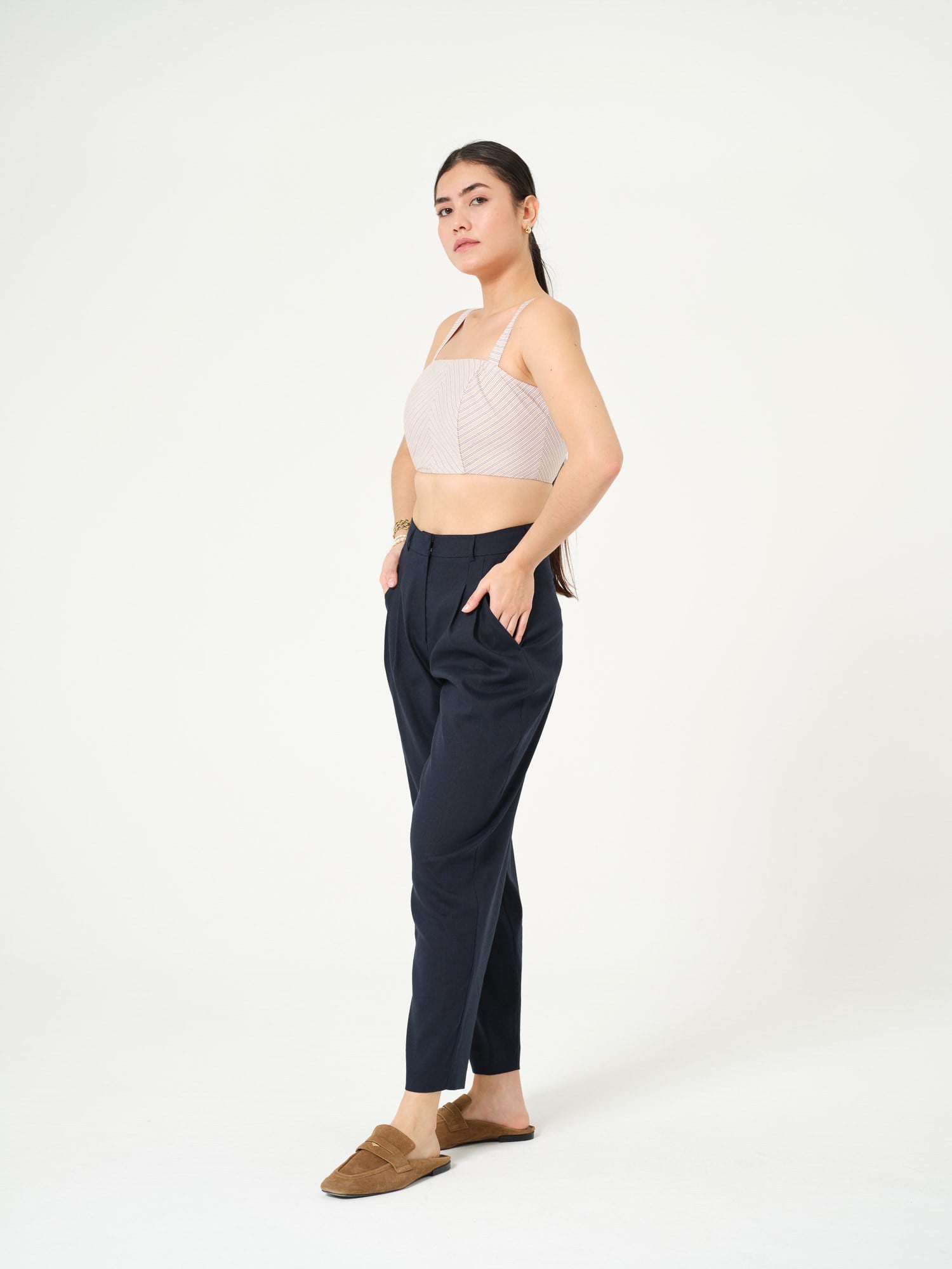 Piarbi Pileli Rahat Kesim Keten Pantolon - Lacivert Premium Linen Karışımlı Tasarım