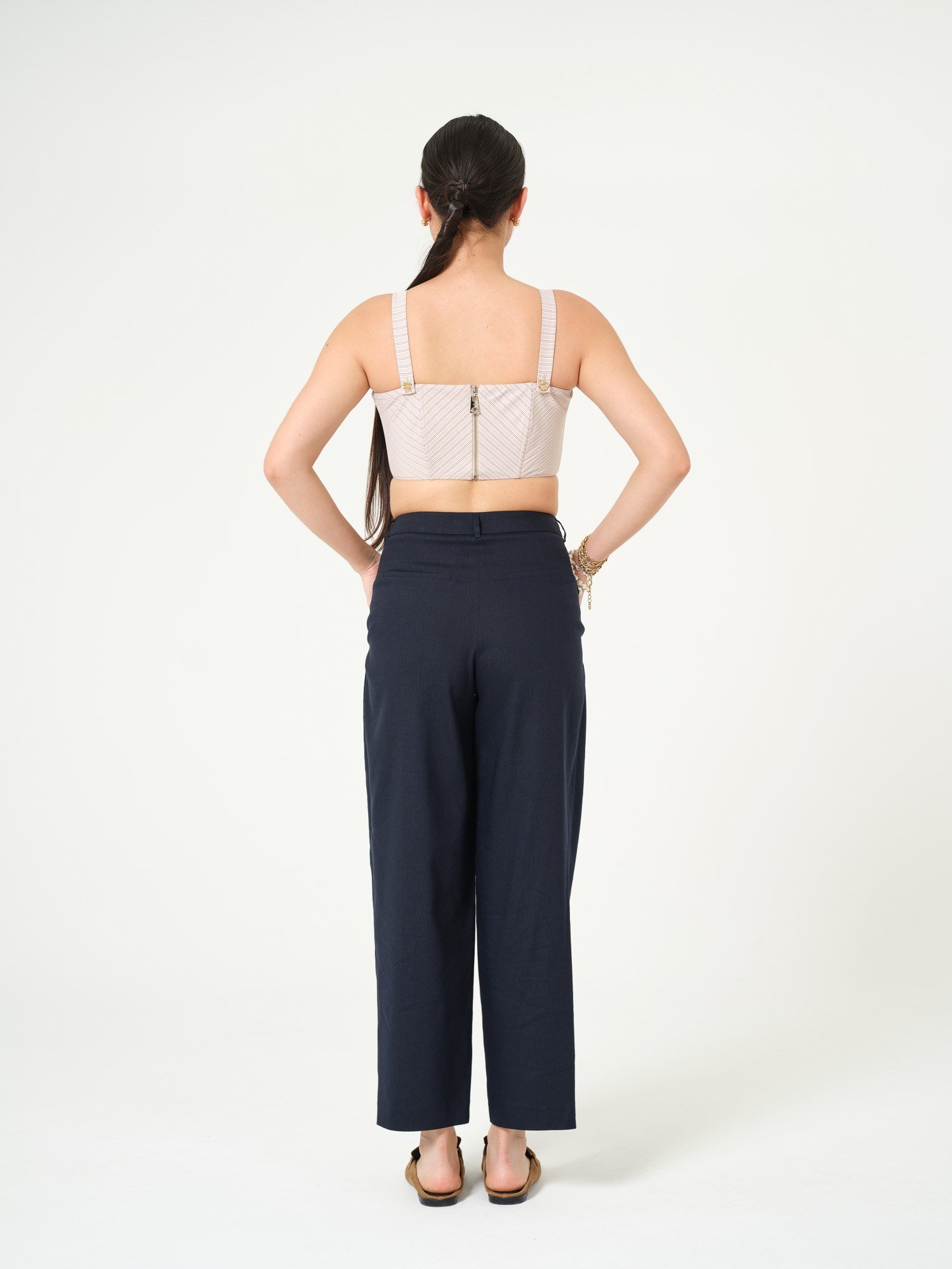 Piarbi Pileli Rahat Kesim Keten Pantolon - Lacivert Premium Linen Karışımlı Tasarım