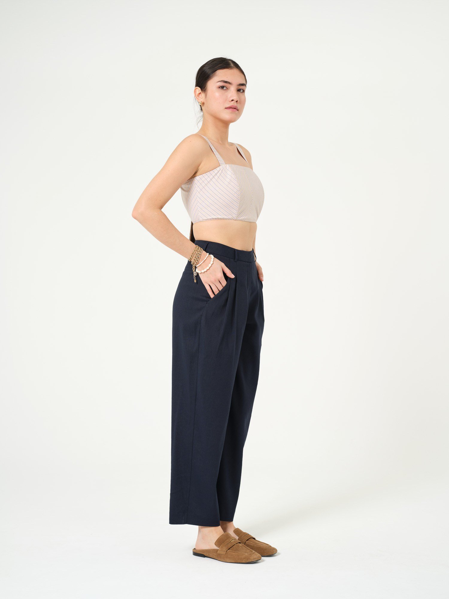 Piarbi Pileli Rahat Kesim Keten Pantolon - Lacivert Premium Linen Karışımlı Tasarım
