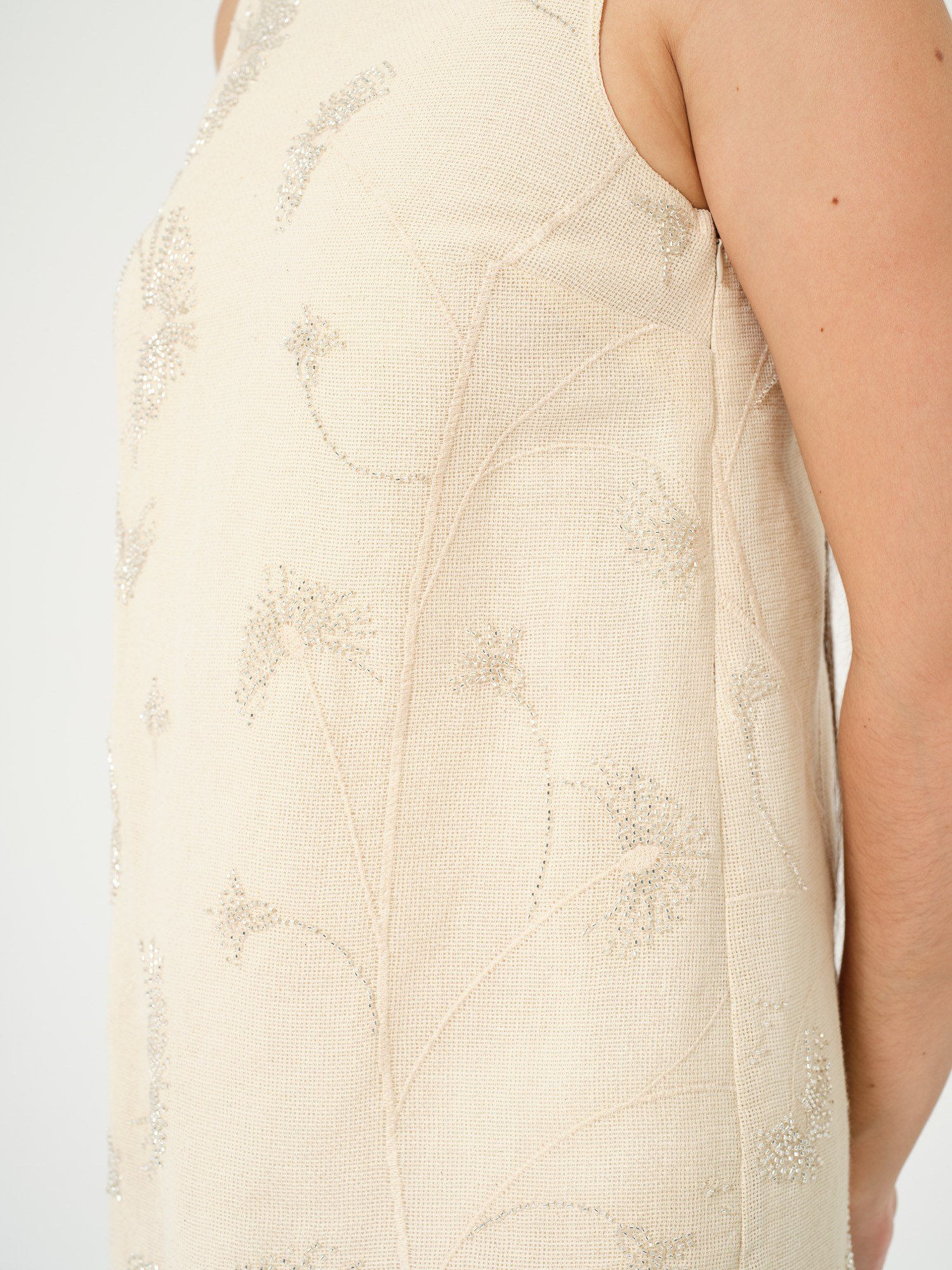 Piarbi Pul ve Nakış İşlemeli Kısa Elegant Elbise - Açık Bej Premium Pamuk Karışımlı Sequin Embroidery Dress
