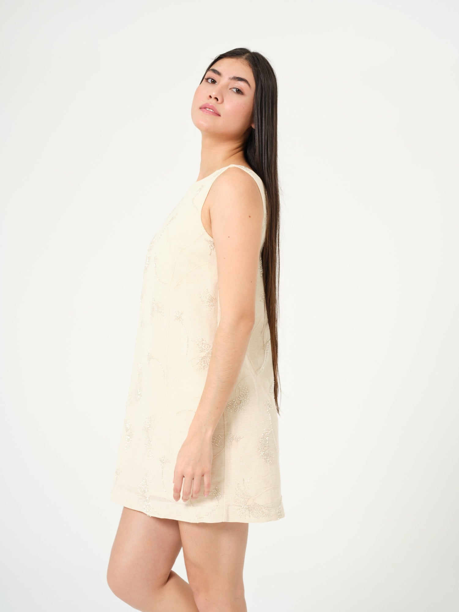 Piarbi Pul ve Nakış İşlemeli Kısa Elegant Elbise - Açık Bej Premium Pamuk Karışımlı Sequin Embroidery Dress