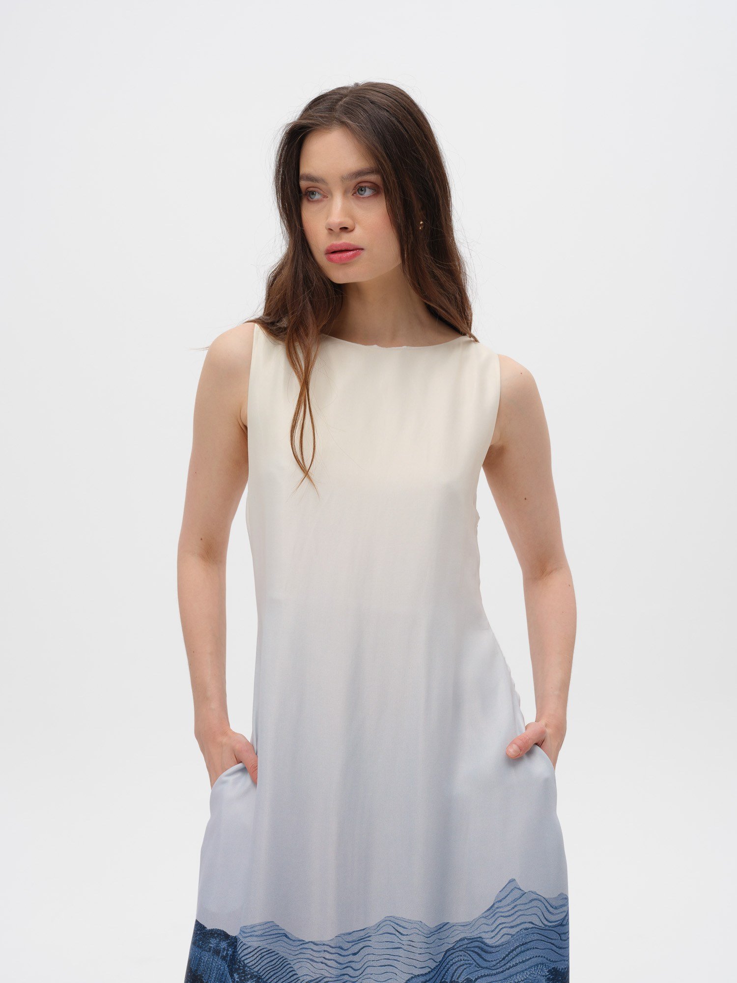 Piarbi Rahat Kesim Desenli Floş Viskon Uzun Elbise - Lacivert Premium Akışkan Sleeveless Maxi Dress