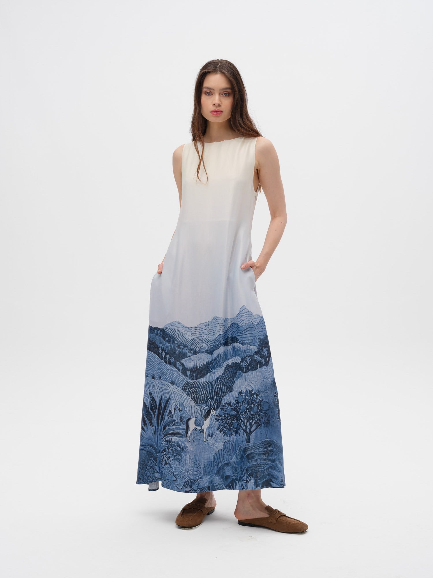 Piarbi Rahat Kesim Desenli Floş Viskon Uzun Elbise - Lacivert Premium Akışkan Sleeveless Maxi Dress