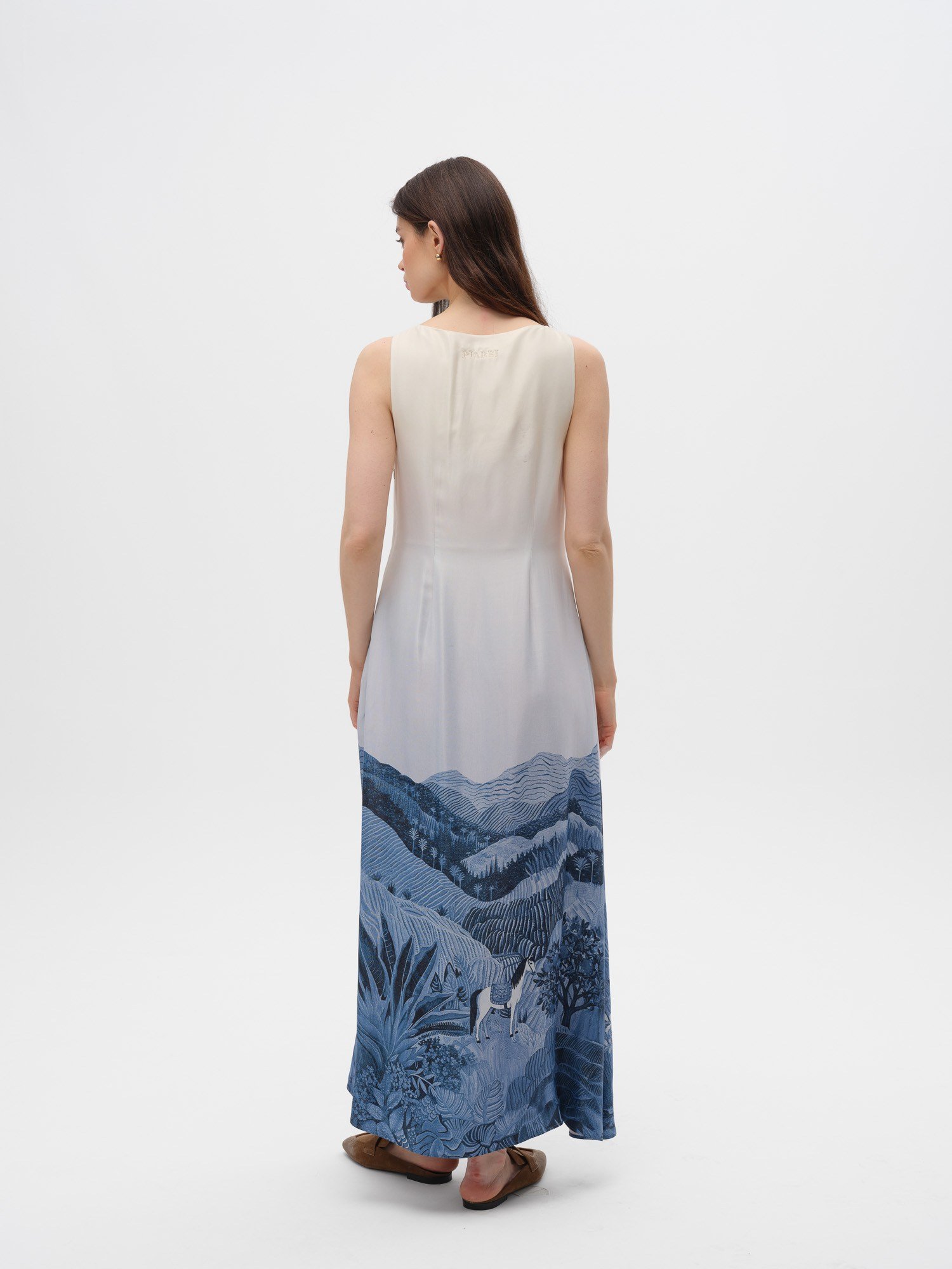 Piarbi Rahat Kesim Desenli Floş Viskon Uzun Elbise - Lacivert Premium Akışkan Sleeveless Maxi Dress