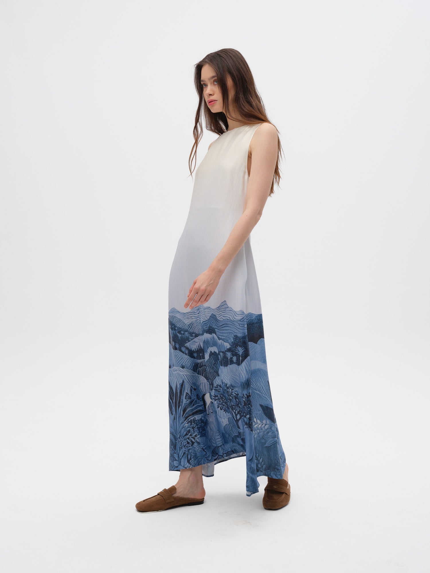 Piarbi Rahat Kesim Desenli Floş Viskon Uzun Elbise - Lacivert Premium Akışkan Sleeveless Maxi Dress
