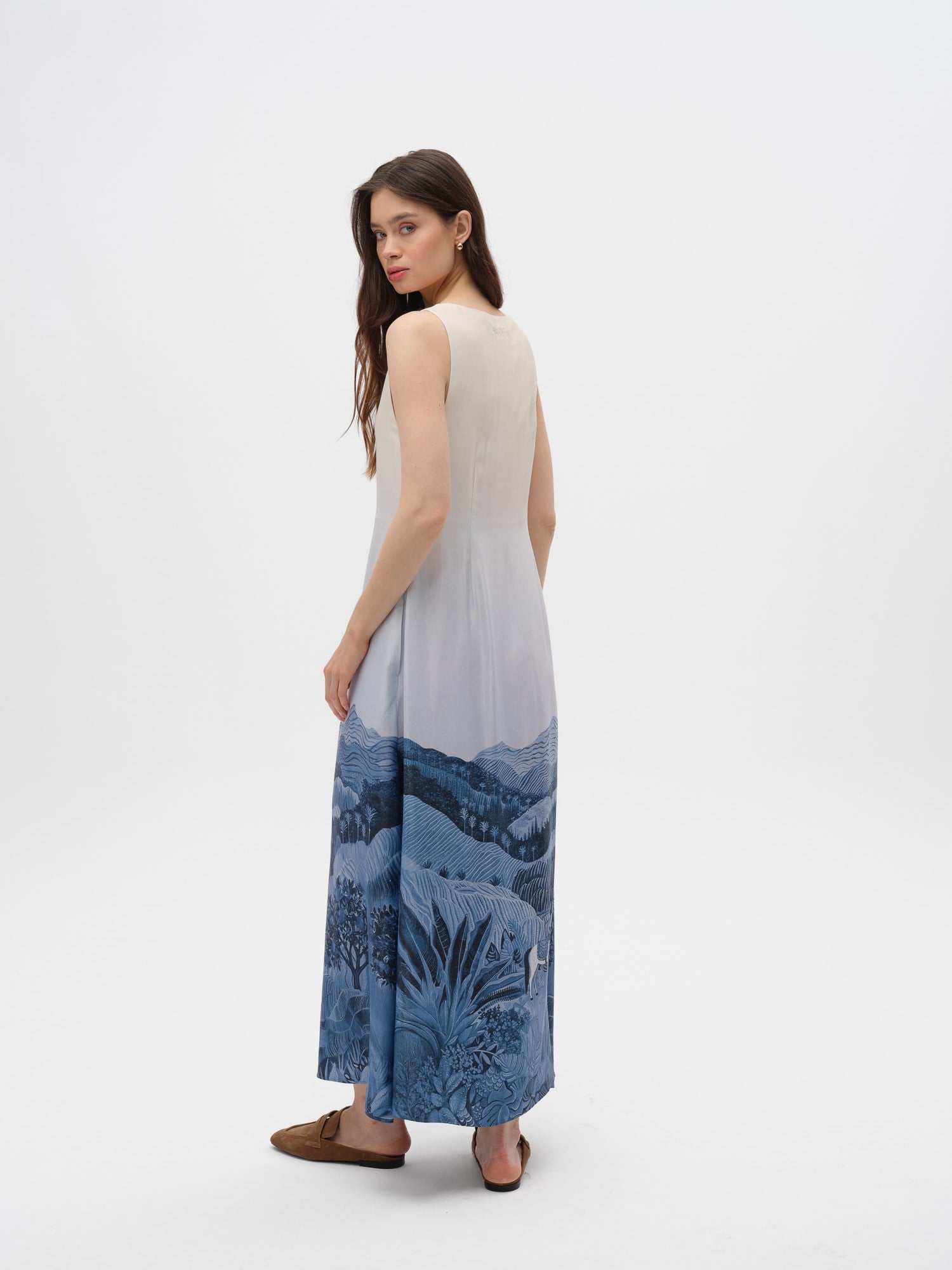 Piarbi Rahat Kesim Desenli Floş Viskon Uzun Elbise - Lacivert Premium Akışkan Sleeveless Maxi Dress