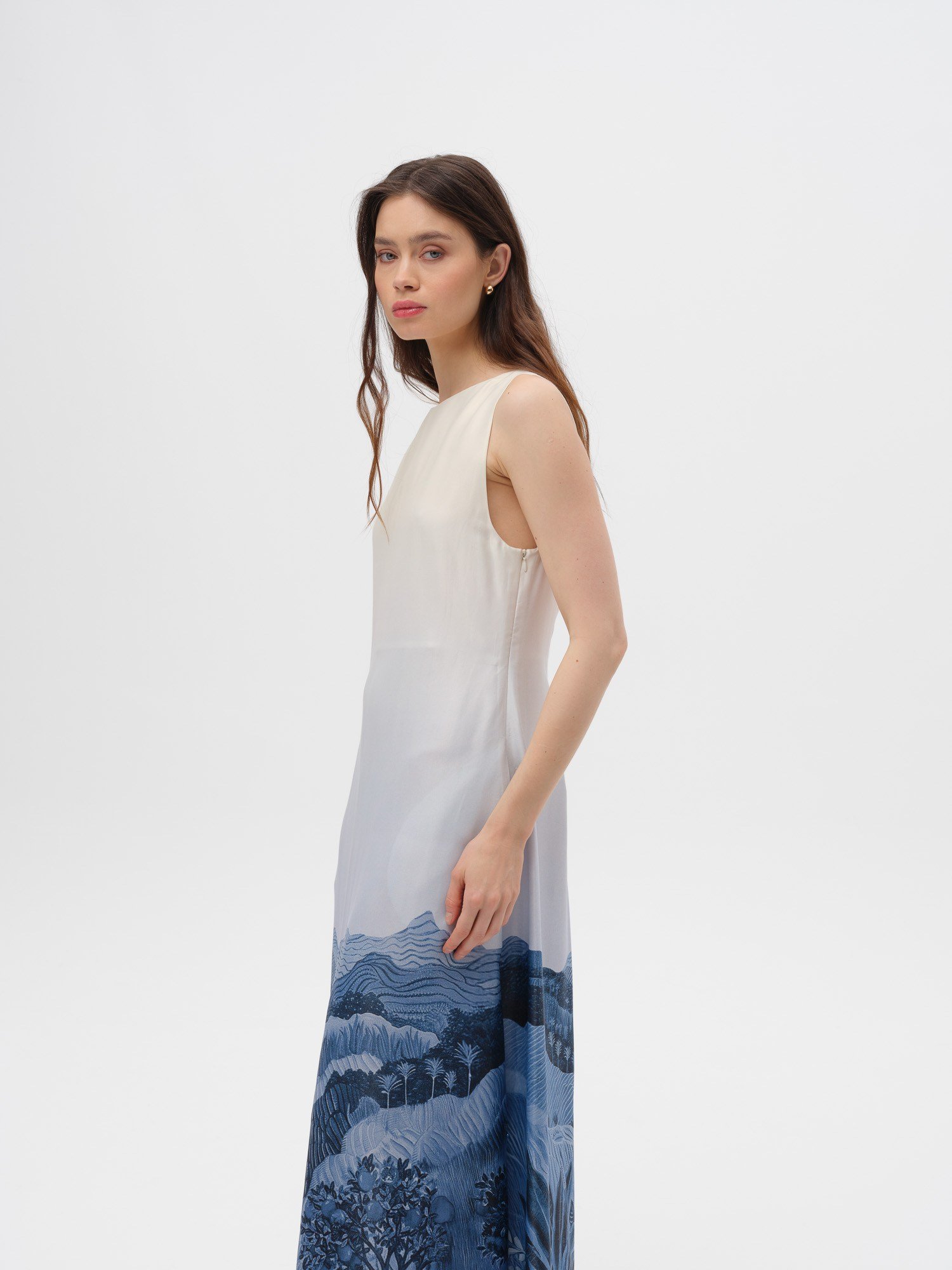 Piarbi Rahat Kesim Desenli Floş Viskon Uzun Elbise - Lacivert Premium Akışkan Sleeveless Maxi Dress