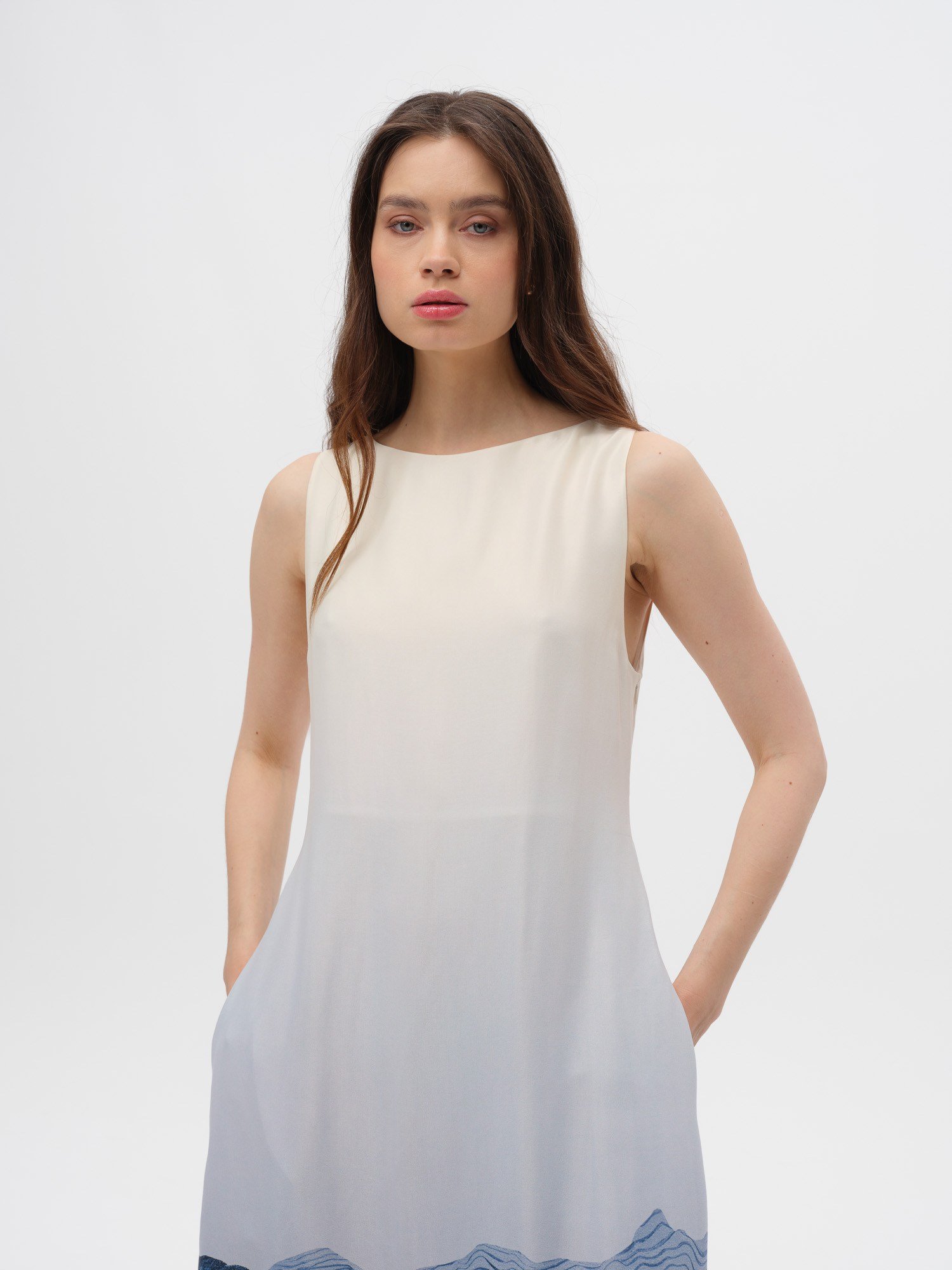 Piarbi Rahat Kesim Desenli Floş Viskon Uzun Elbise - Lacivert Premium Akışkan Sleeveless Maxi Dress