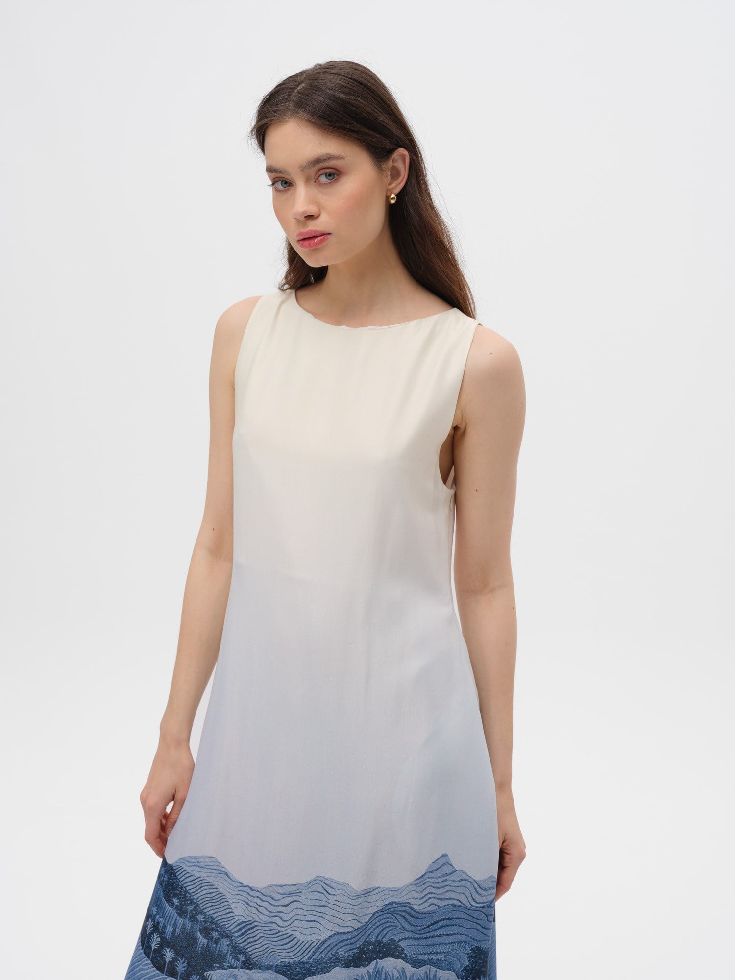 Piarbi Rahat Kesim Desenli Floş Viskon Uzun Elbise - Lacivert Premium Akışkan Sleeveless Maxi Dress