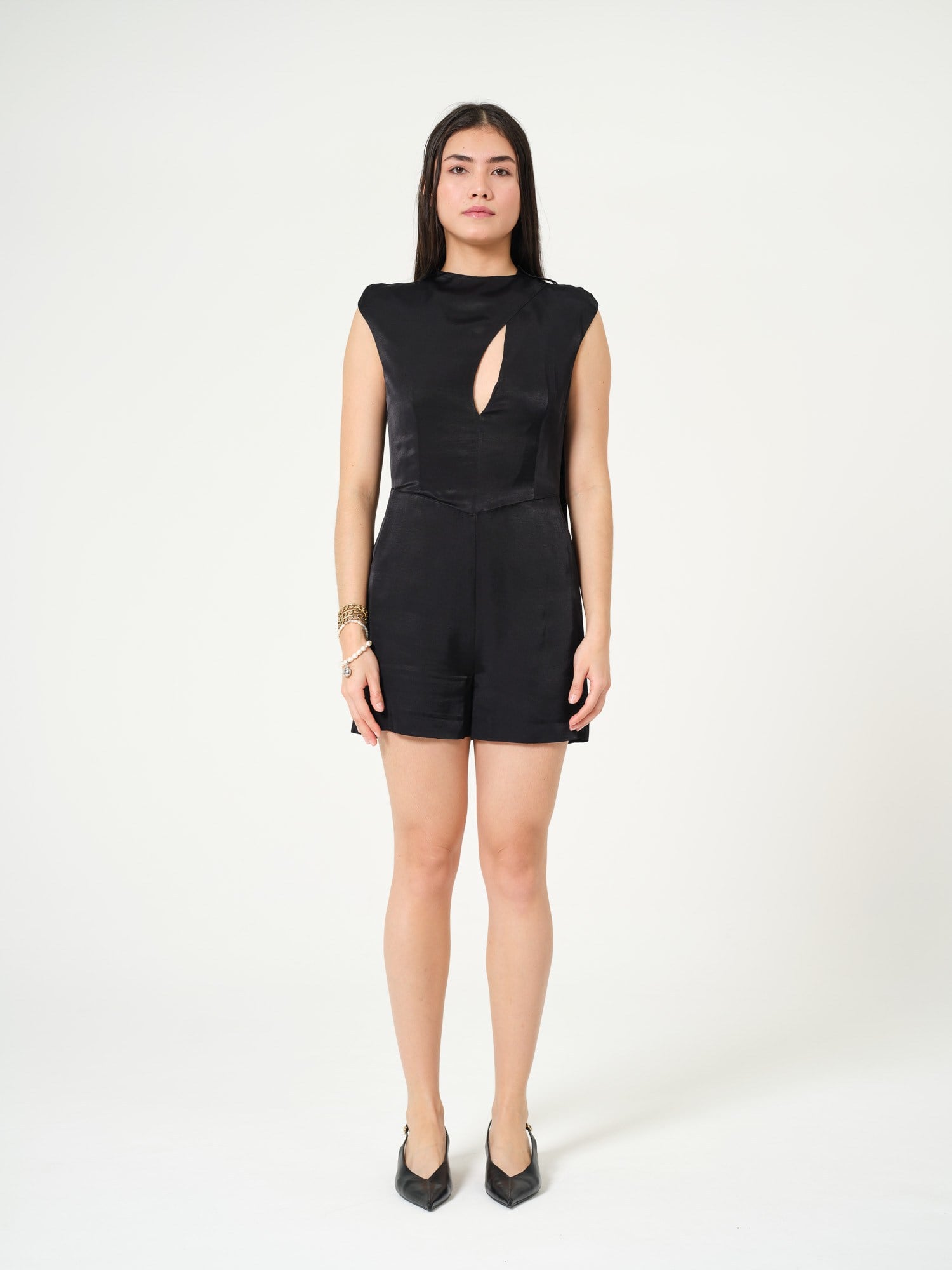 Piarbi Şal Yaka Detaylı Elegant Kısa Tulum - Siyah %100 Viskon Premium Shawl Collar Short Jumpsuit