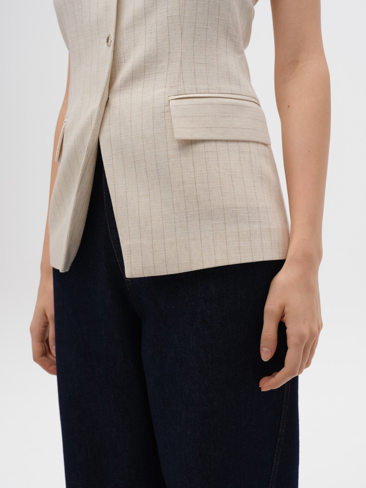 Piarbi Straplez Çıtçıt ve Fermuar Detaylı Çizgili Bluz Yelek - Krem Keten Karışımlı Premium Strapless Vest