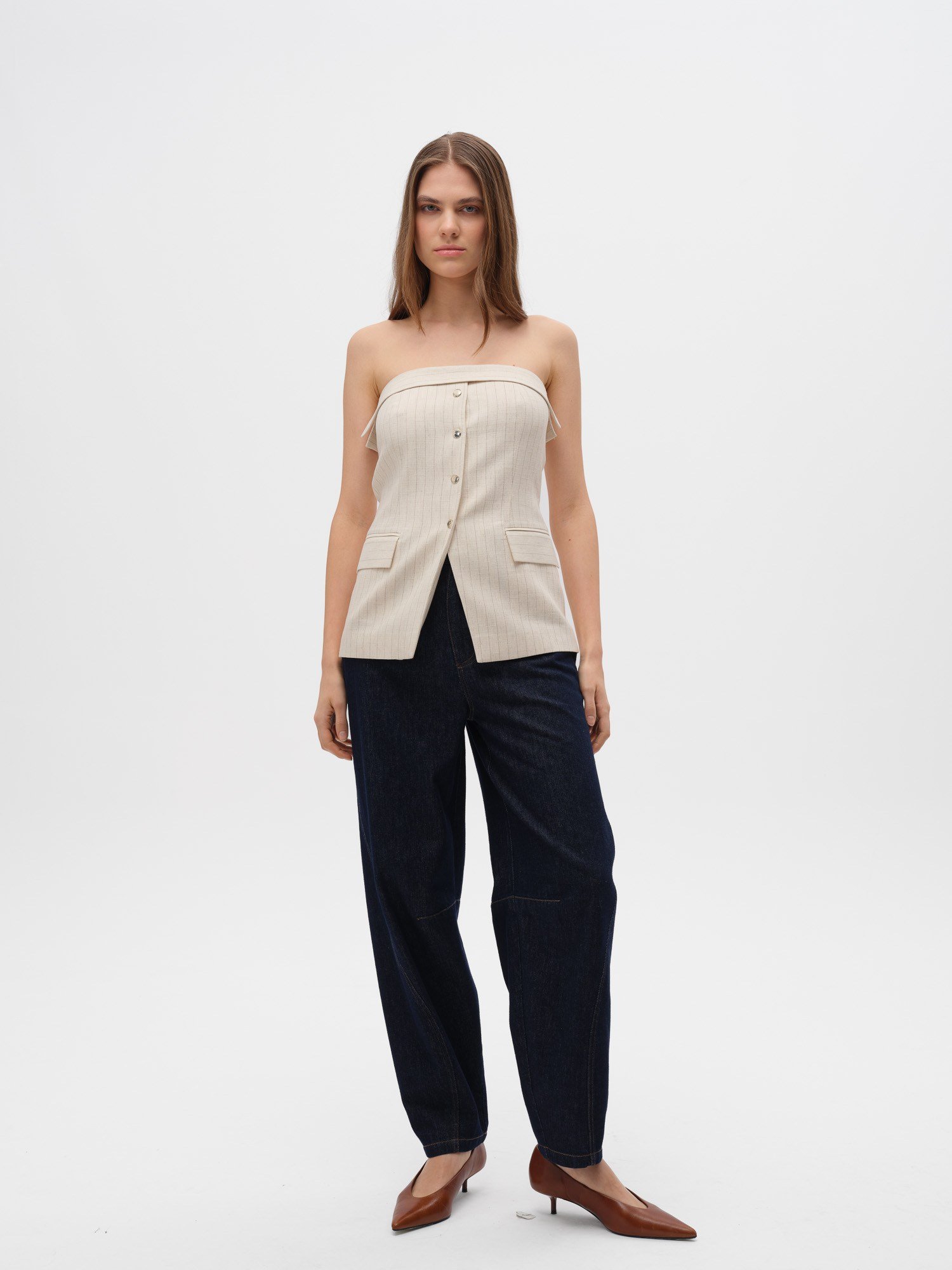 Piarbi Straplez Çıtçıt ve Fermuar Detaylı Çizgili Bluz Yelek - Krem Keten Karışımlı Premium Strapless Vest