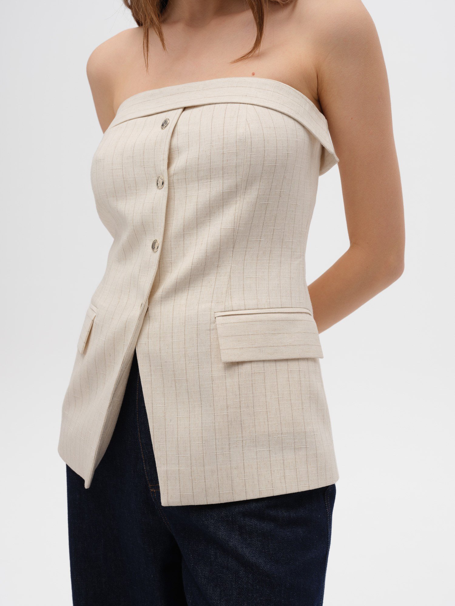 Piarbi Straplez Çıtçıt ve Fermuar Detaylı Çizgili Bluz Yelek - Krem Keten Karışımlı Premium Strapless Vest