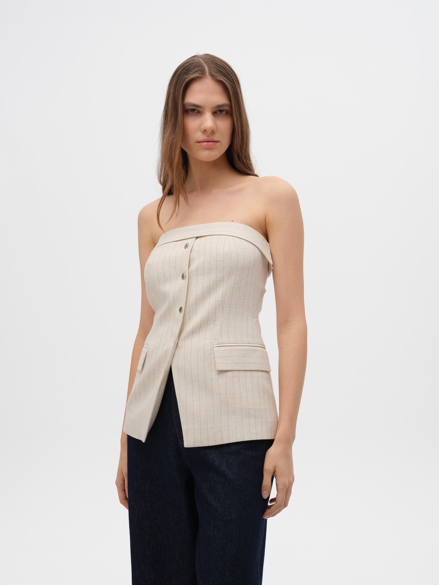 Piarbi Straplez Çıtçıt ve Fermuar Detaylı Çizgili Bluz Yelek - Krem Keten Karışımlı Premium Strapless Vest