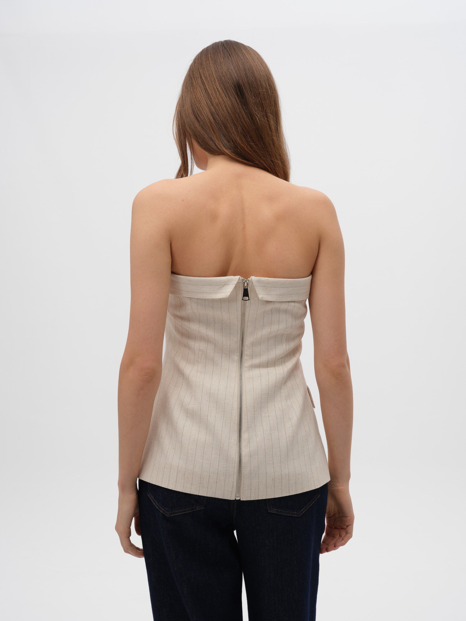 Piarbi Straplez Çıtçıt ve Fermuar Detaylı Çizgili Bluz Yelek - Krem Keten Karışımlı Premium Strapless Vest