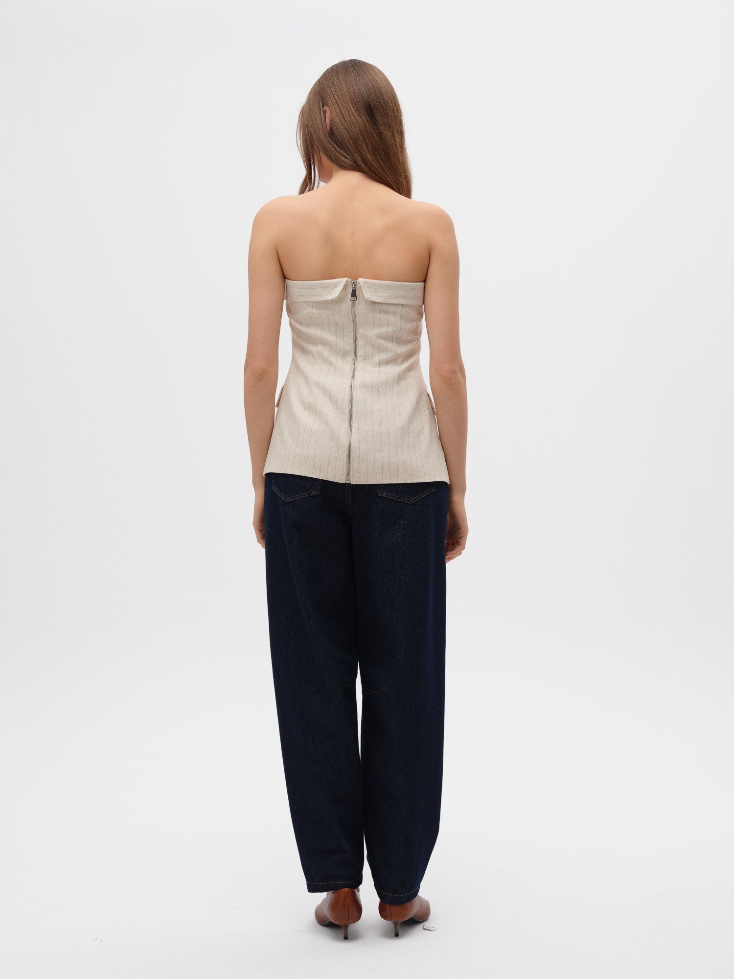Piarbi Straplez Çıtçıt ve Fermuar Detaylı Çizgili Bluz Yelek - Krem Keten Karışımlı Premium Strapless Vest