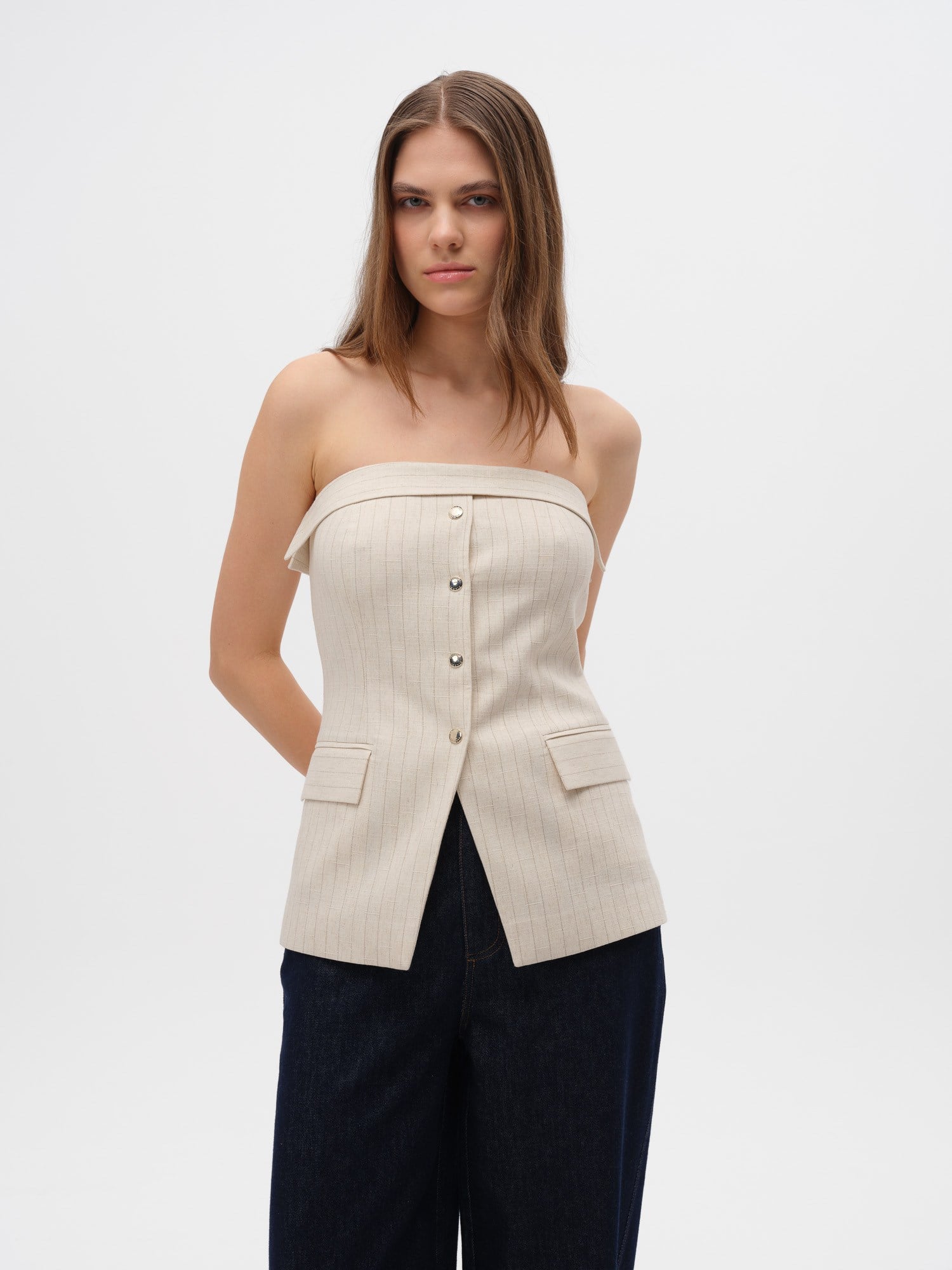 Piarbi Straplez Çıtçıt ve Fermuar Detaylı Çizgili Bluz Yelek - Krem Keten Karışımlı Premium Strapless Vest