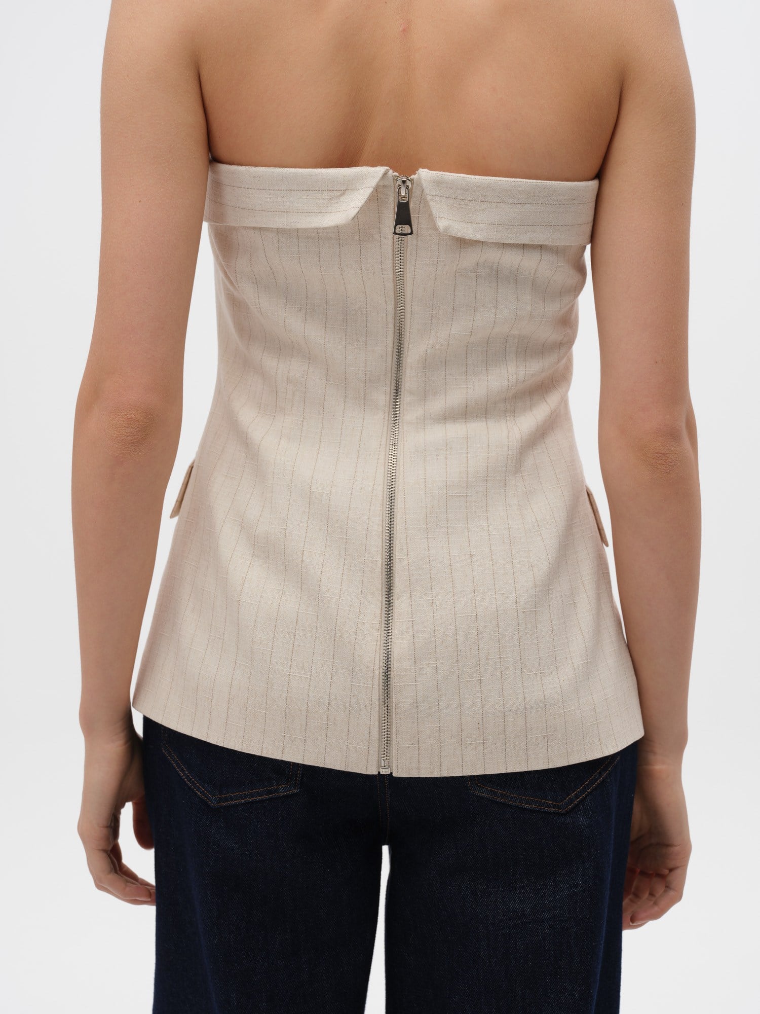 Piarbi Straplez Çıtçıt ve Fermuar Detaylı Çizgili Bluz Yelek - Krem Keten Karışımlı Premium Strapless Vest