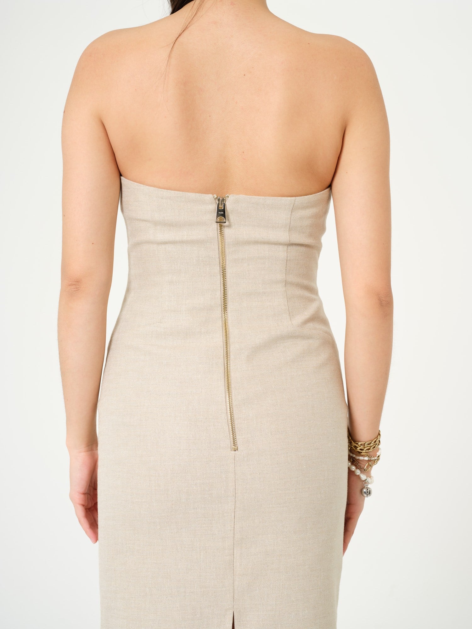 Piarbi Straplez Düz Kesim Maksi Elbise - Bej Keten Karışımlı Premium Strapless Straight Dress