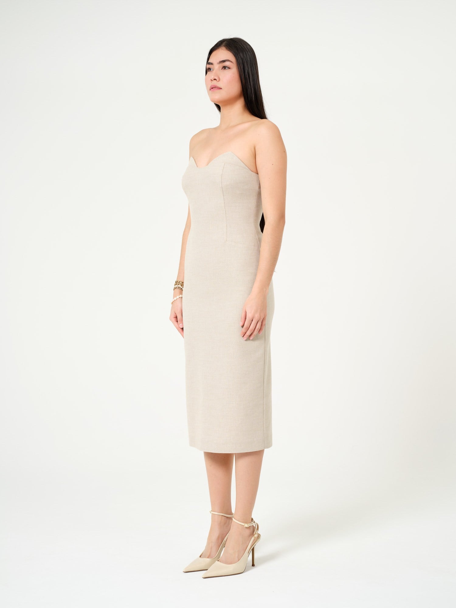 Piarbi Straplez Düz Kesim Maksi Elbise - Bej Keten Karışımlı Premium Strapless Straight Dress