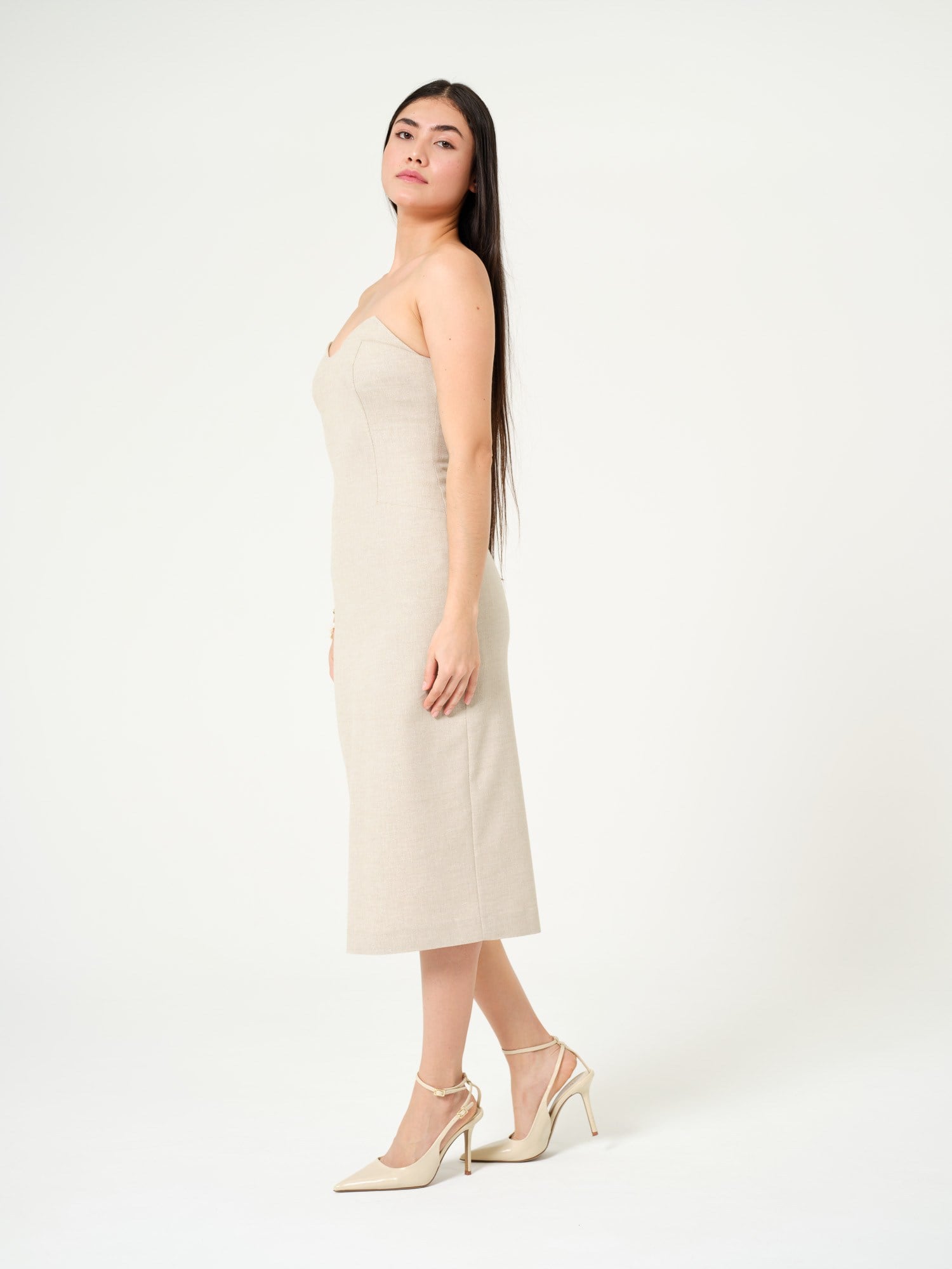 Piarbi Straplez Düz Kesim Maksi Elbise - Bej Keten Karışımlı Premium Strapless Straight Dress