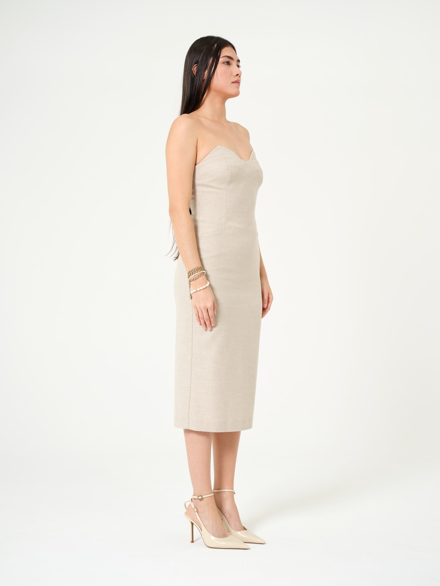 Piarbi Straplez Düz Kesim Maksi Elbise - Bej Keten Karışımlı Premium Strapless Straight Dress