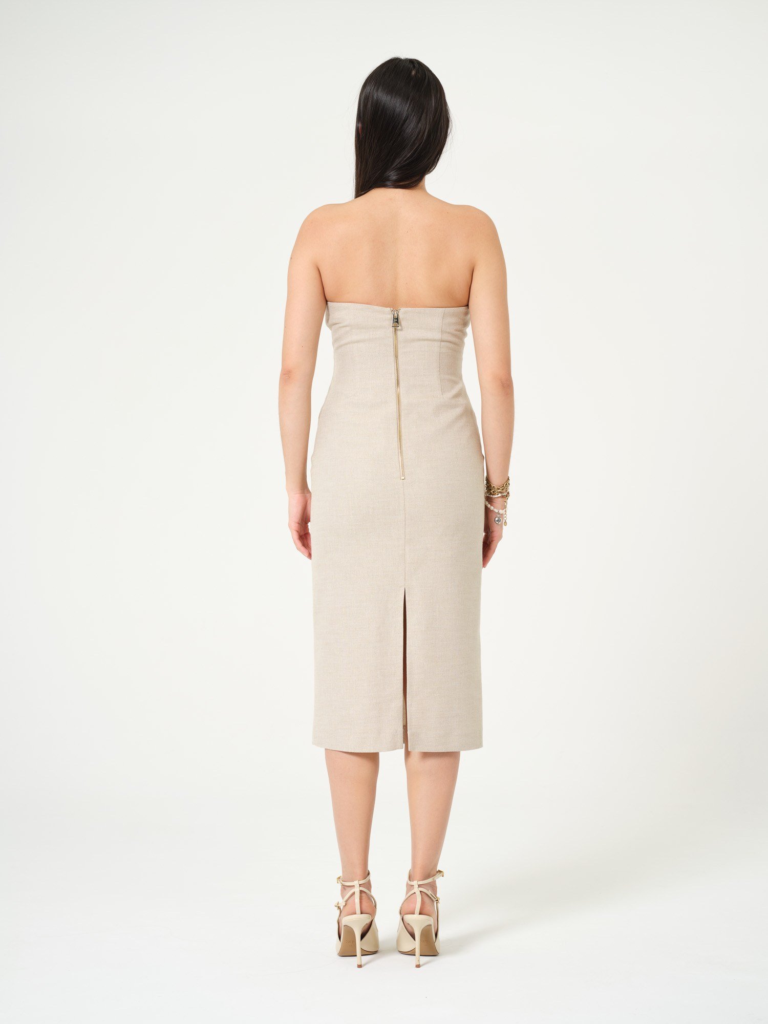 Piarbi Straplez Düz Kesim Maksi Elbise - Bej Keten Karışımlı Premium Strapless Straight Dress