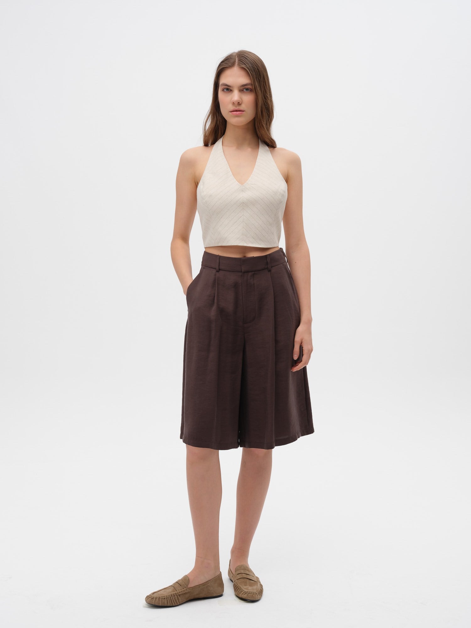 Piarbi Urban Bermuda Şort - Siyah ve Kahve Premium Mikro Modal Akışkan Kesim Mid-high Waist Shorts