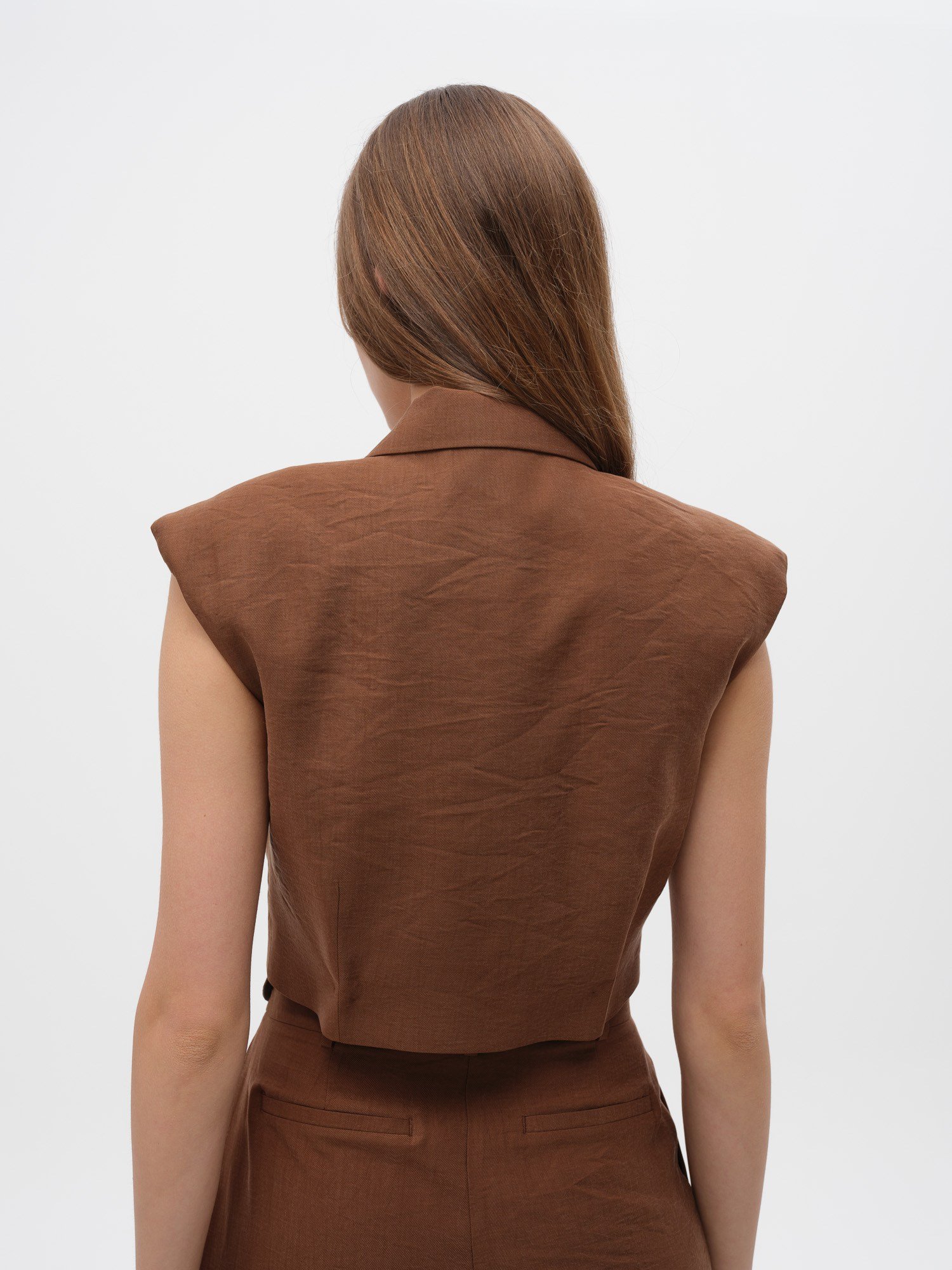 Piarbi Vatkalı Kısa Yelek - Enfiye Tencel Karışımlı Premium Shoulder Pad Detail Short Vest
