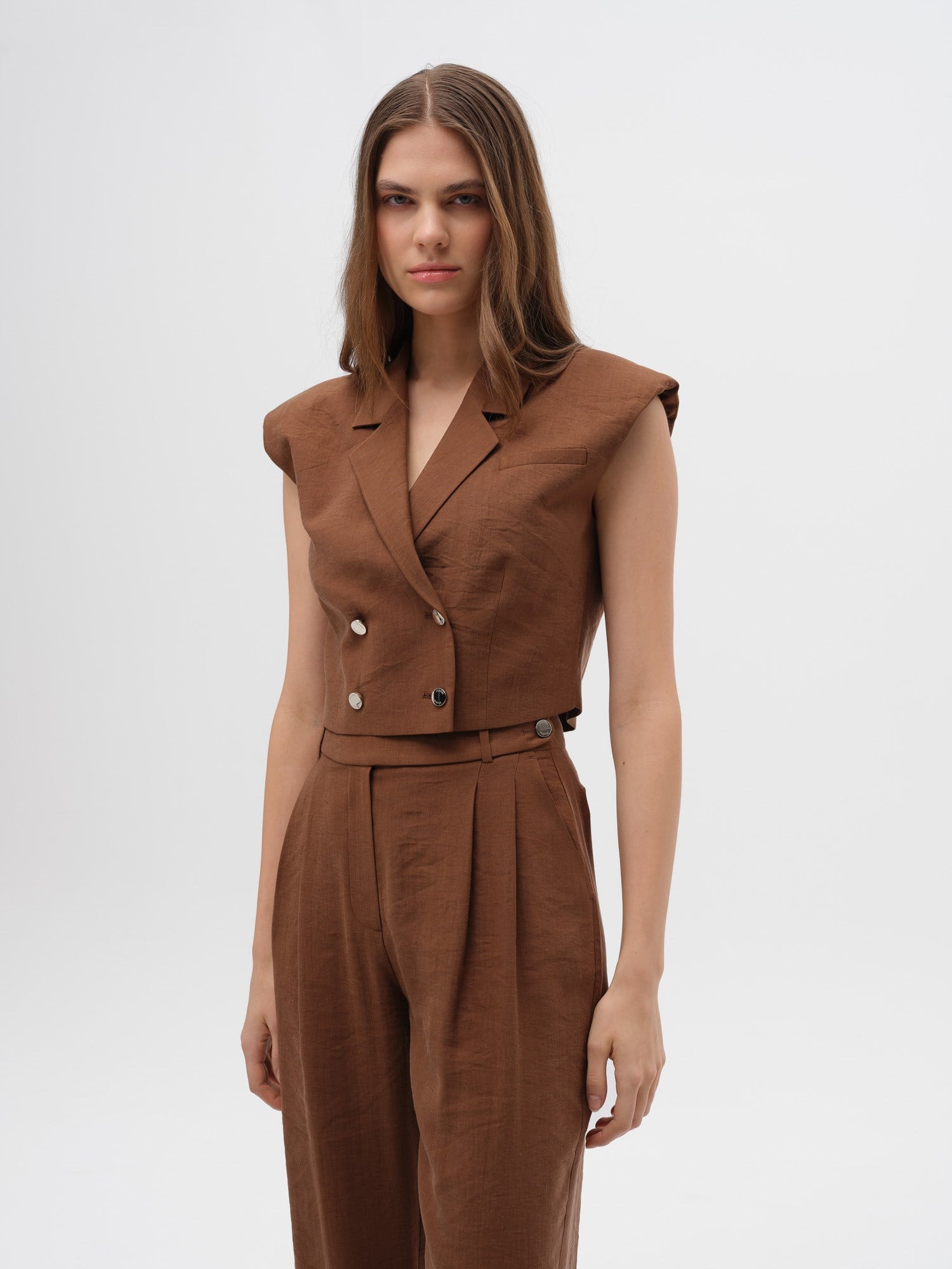 Piarbi Vatkalı Kısa Yelek - Enfiye Tencel Karışımlı Premium Shoulder Pad Detail Short Vest