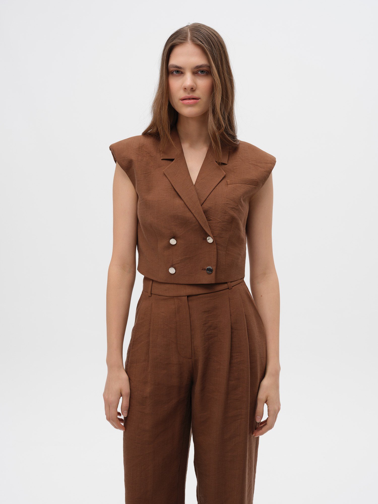 Piarbi Vatkalı Kısa Yelek - Enfiye Tencel Karışımlı Premium Shoulder Pad Detail Short Vest