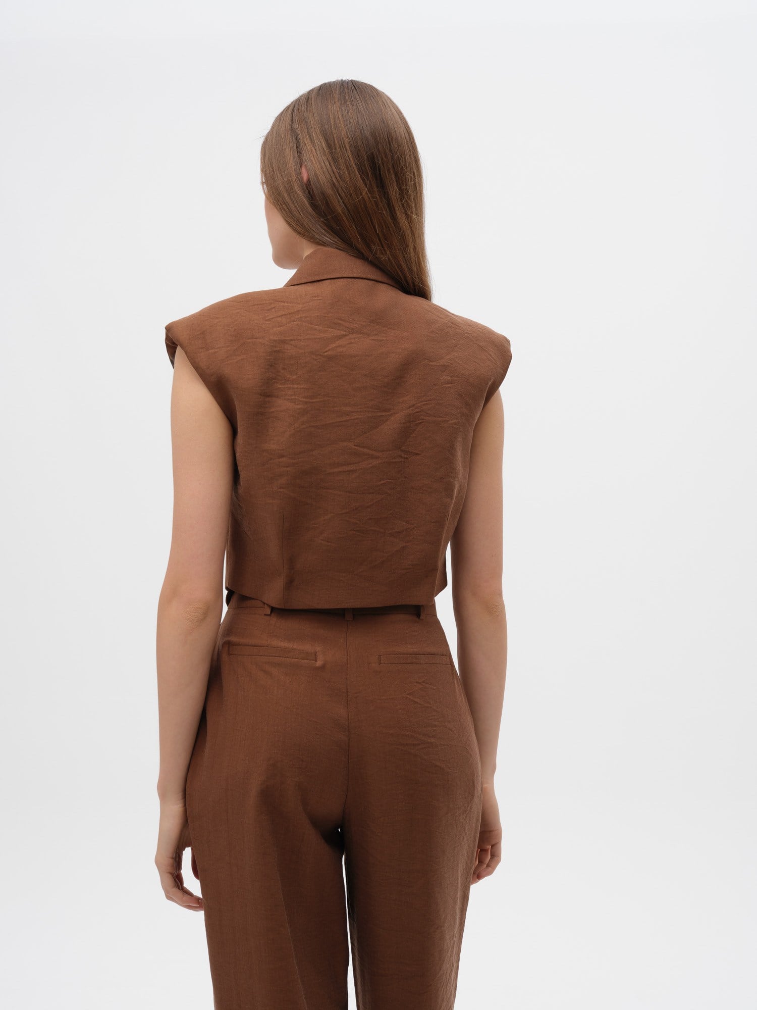 Piarbi Vatkalı Kısa Yelek - Enfiye Tencel Karışımlı Premium Shoulder Pad Detail Short Vest