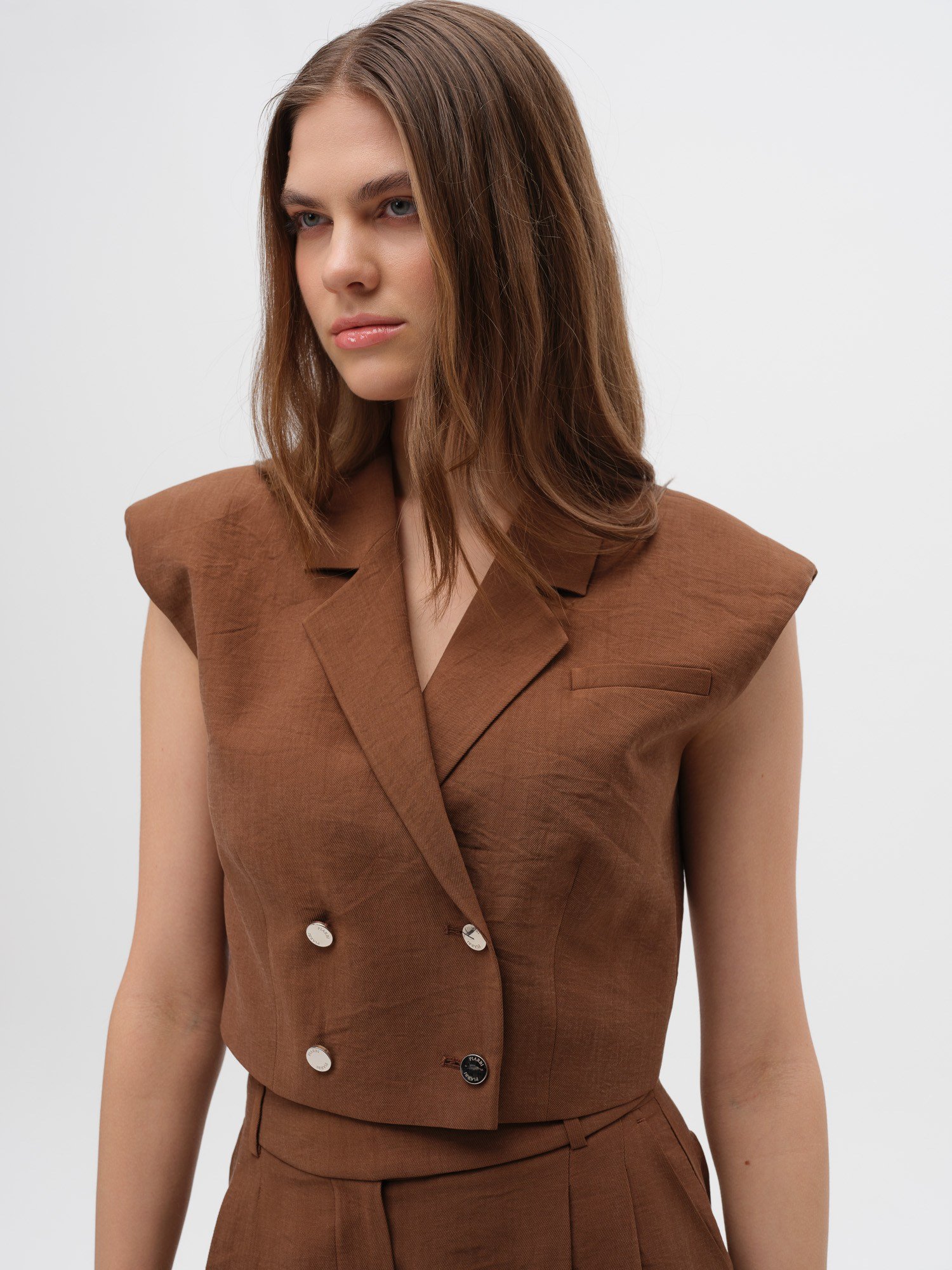 Piarbi Vatkalı Kısa Yelek - Enfiye Tencel Karışımlı Premium Shoulder Pad Detail Short Vest