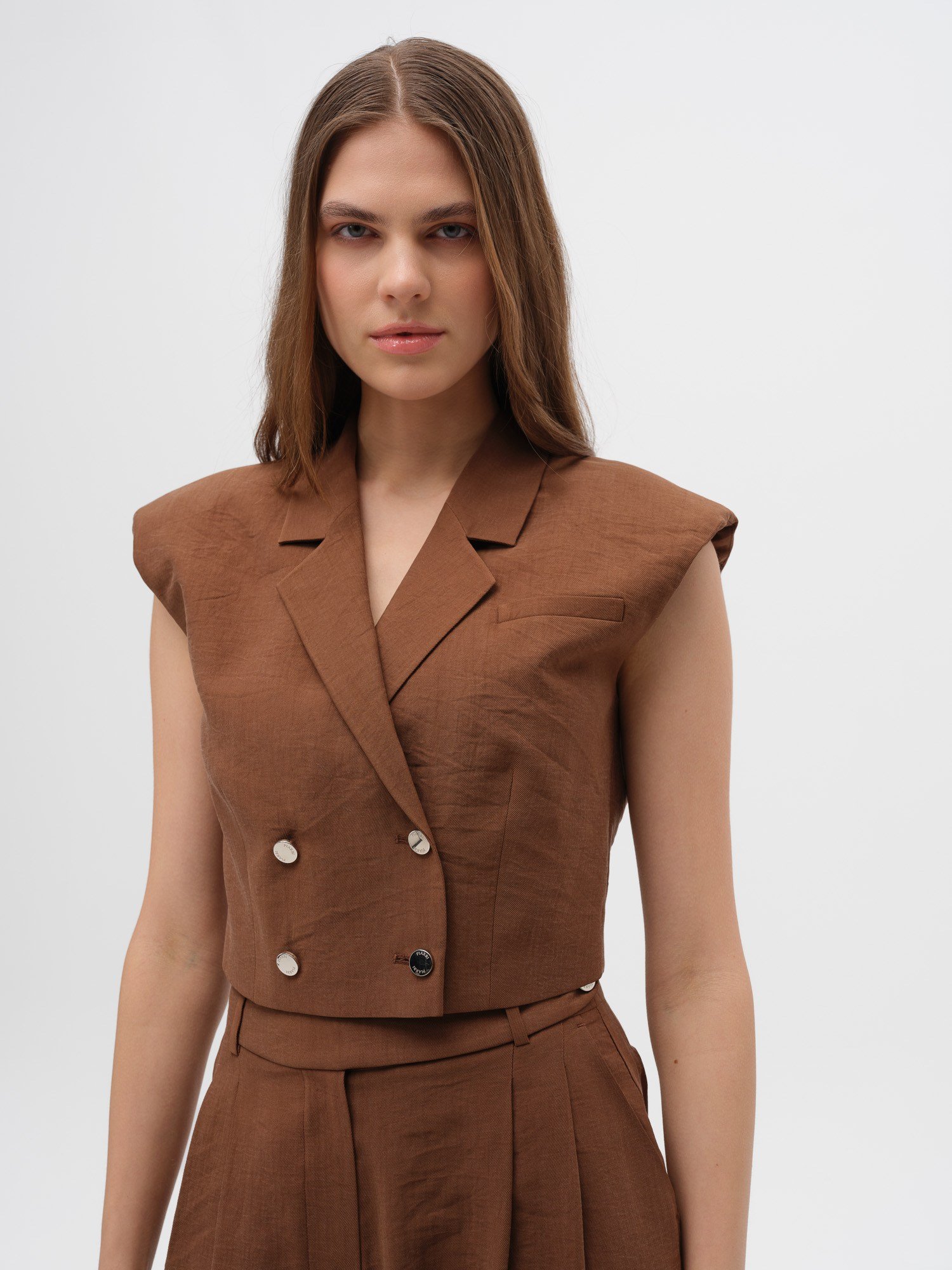Piarbi Vatkalı Kısa Yelek - Enfiye Tencel Karışımlı Premium Shoulder Pad Detail Short Vest