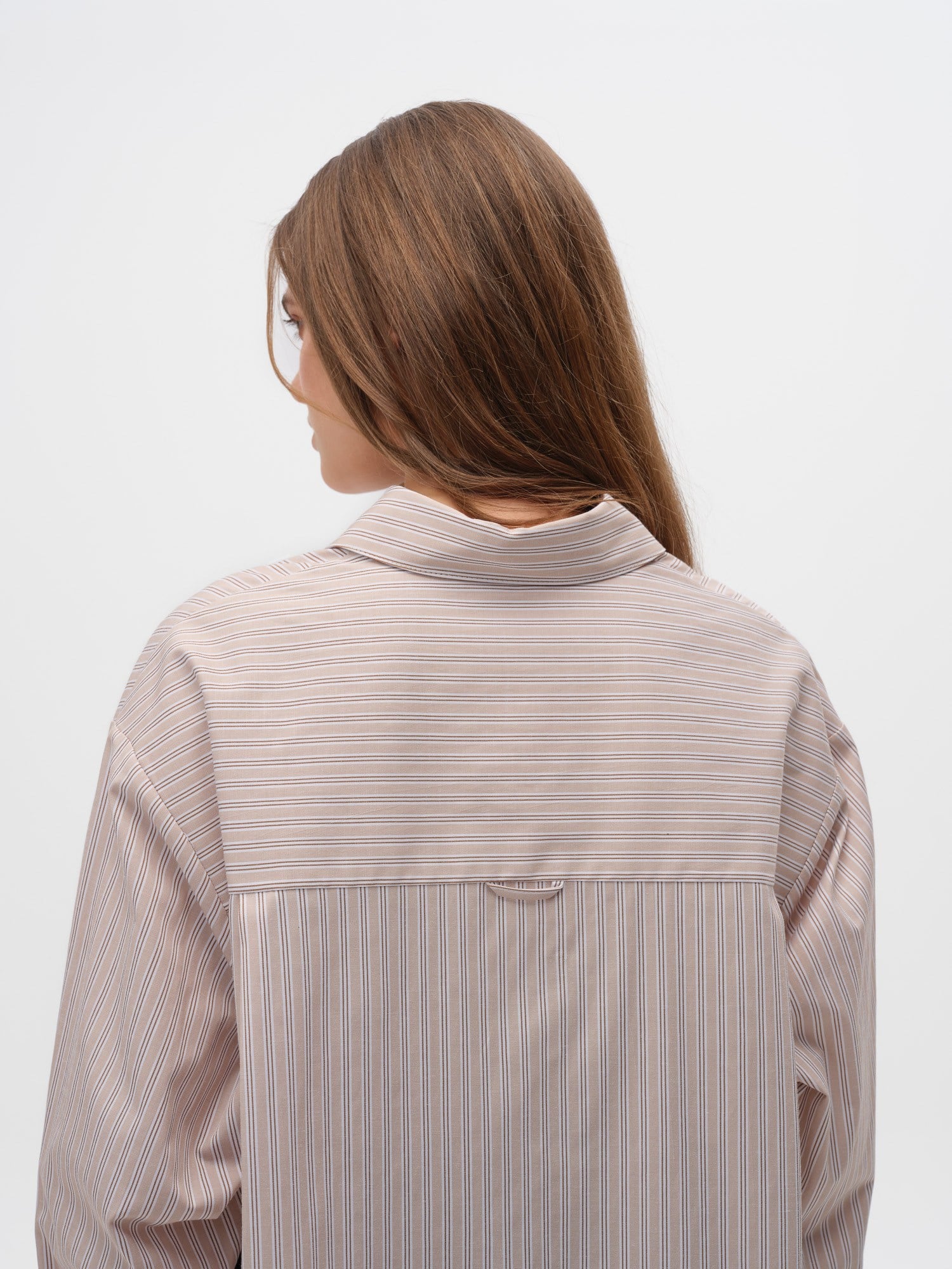 Piarbi Yan Düğme Detaylı Relaxed Fit Çizgili Gömlek - Bej Beyaz Premium Cotton Blend Oversize Shirt