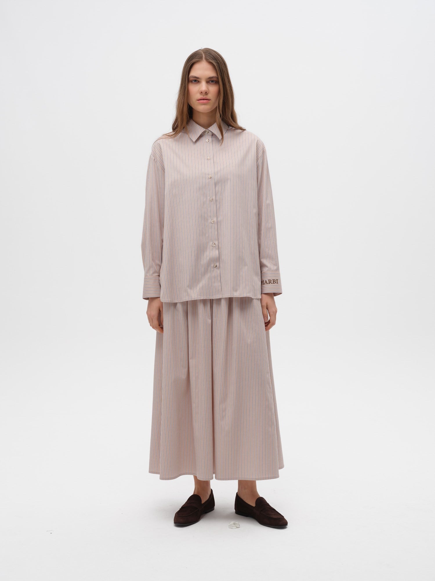 Piarbi Yan Düğme Detaylı Relaxed Fit Çizgili Gömlek - Bej Beyaz Premium Cotton Blend Oversize Shirt